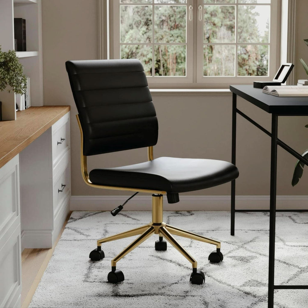Armless Swivel Task Chair Black Faux Leather Brass Frame