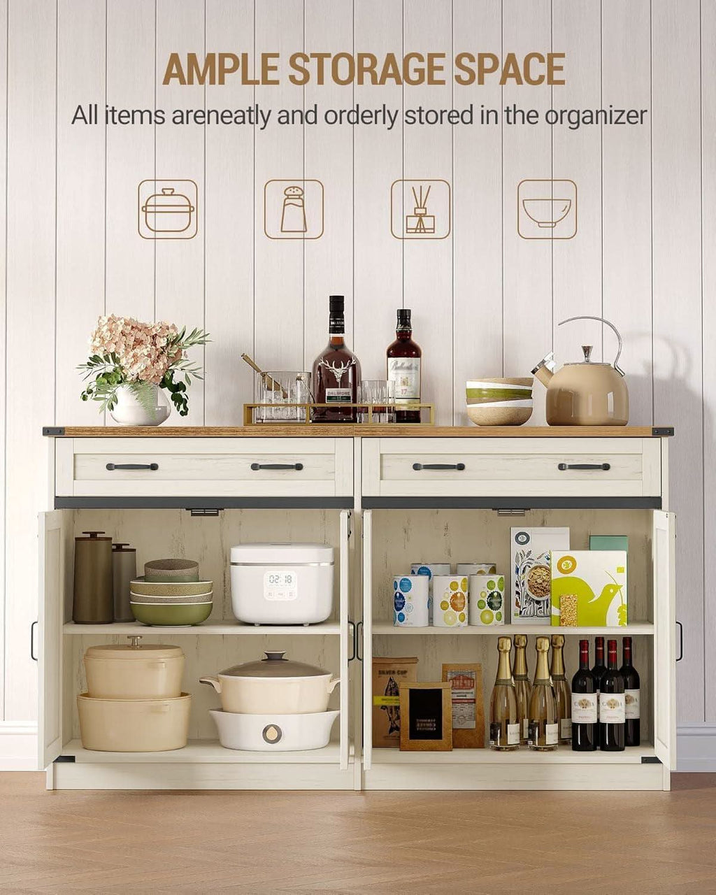 White Brown Farmhouse Buffet Cabinet Adjustable Shelves