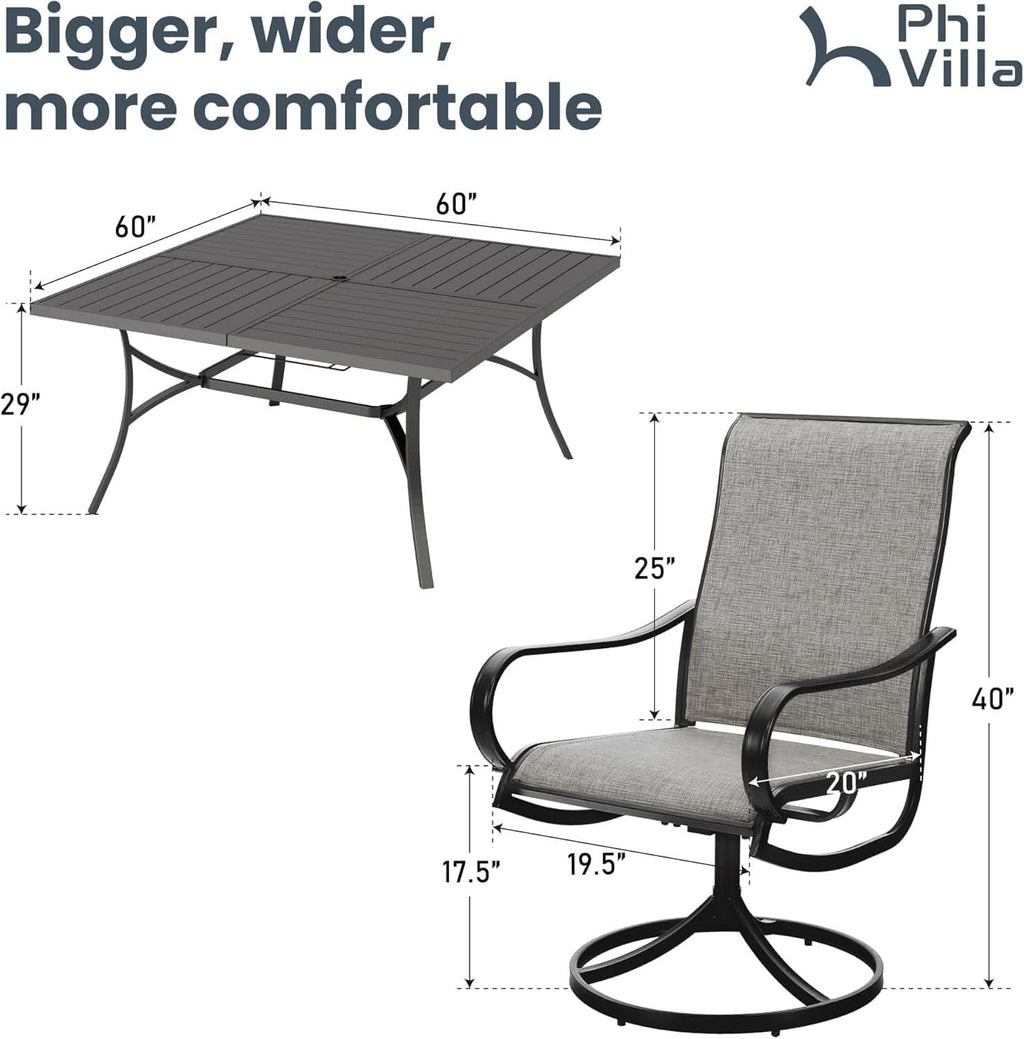 9 Piece Patio Dining Set With Large Square Metal Table And 8 Swivel Chairs