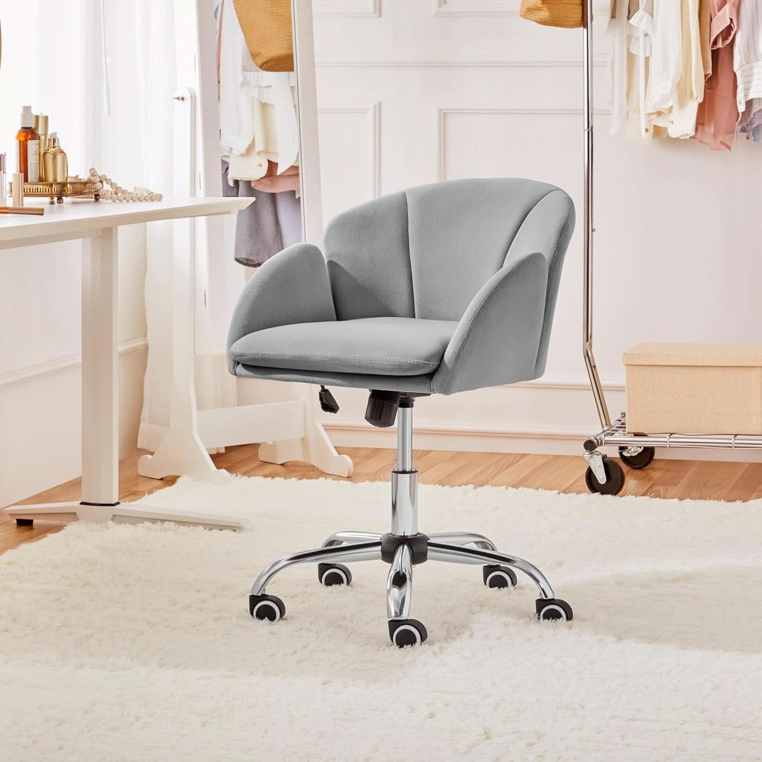 Velvet Desk Chair Armrests Light Gray Modern Office Chair