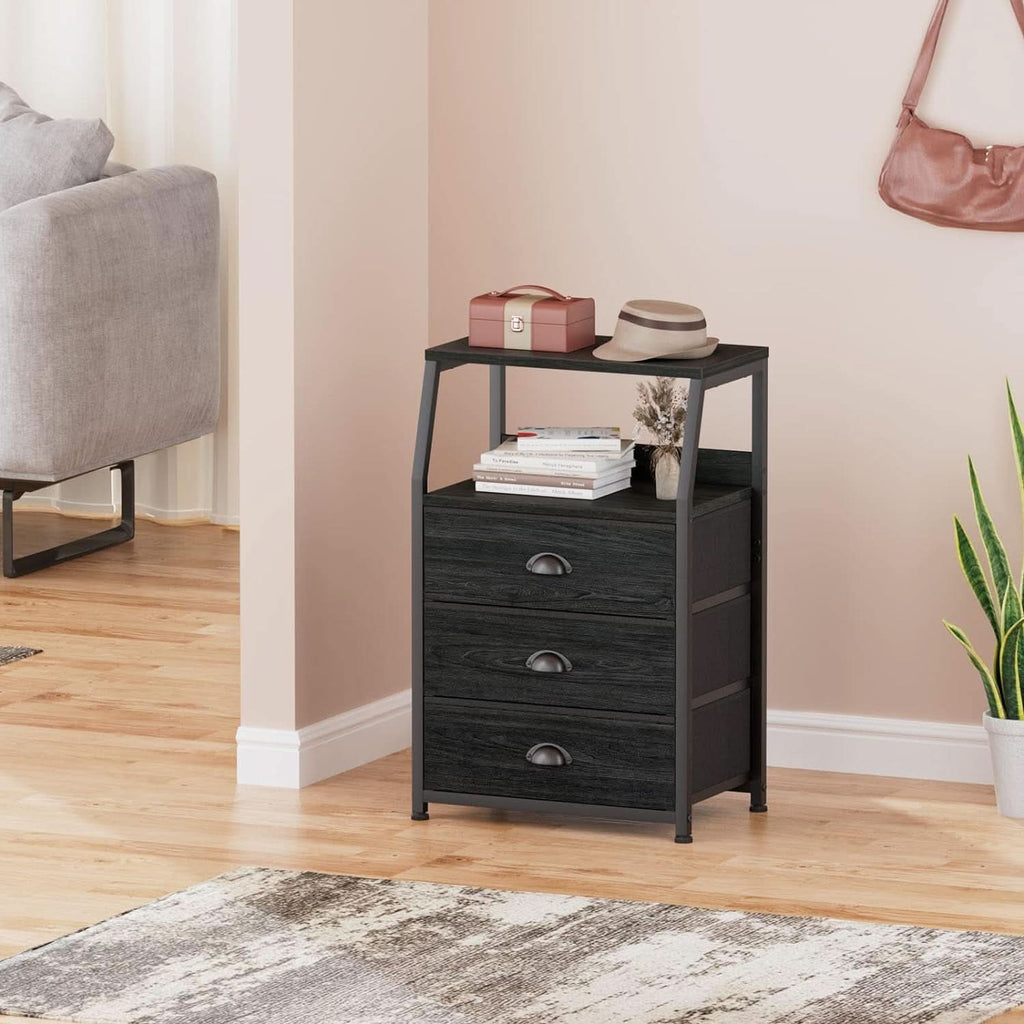 Black Night Stand With 3 Fabric Drawers And 2 Tier Shelf