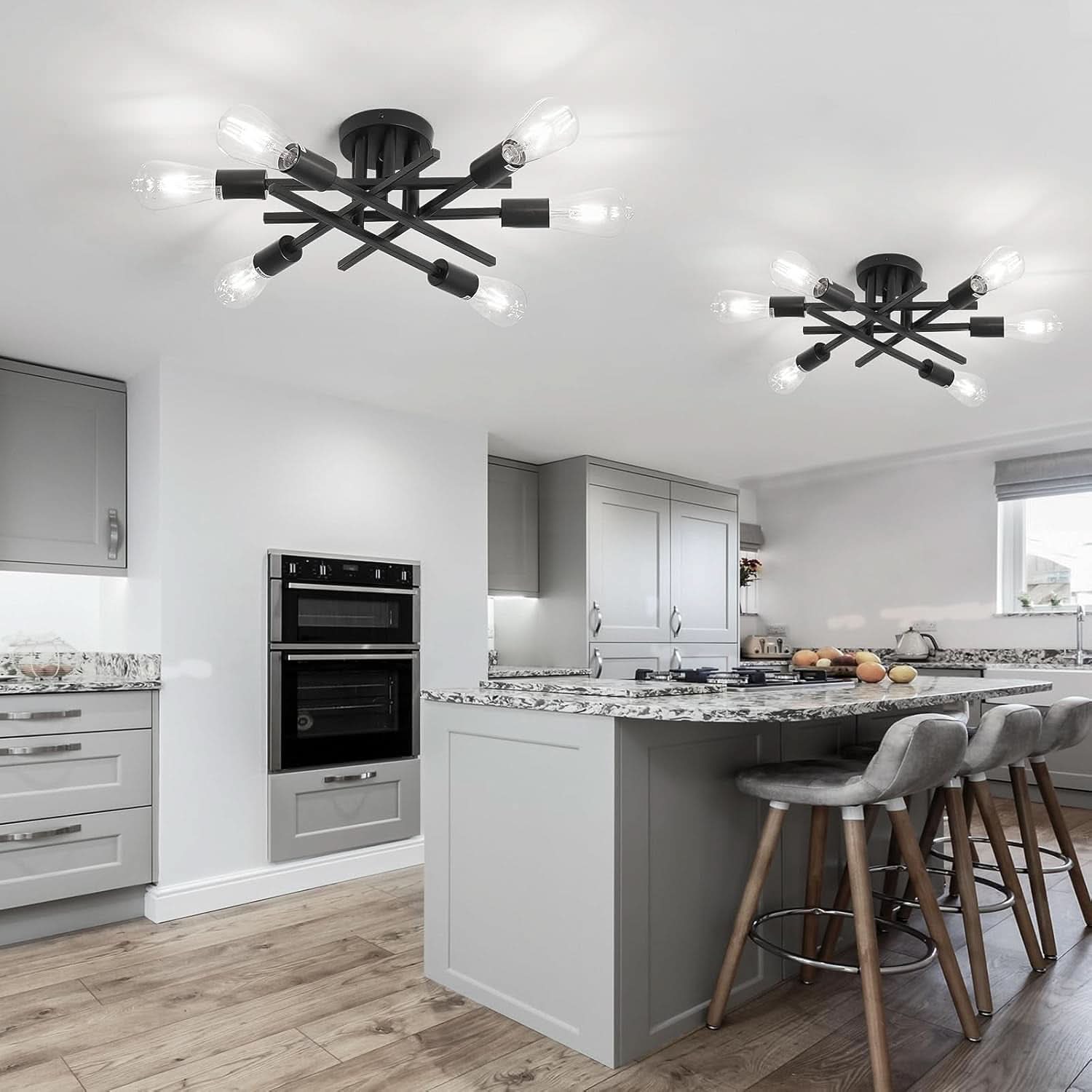 6 Light Matte Black Sputnik Semi Flush Chandelier 2 Pack