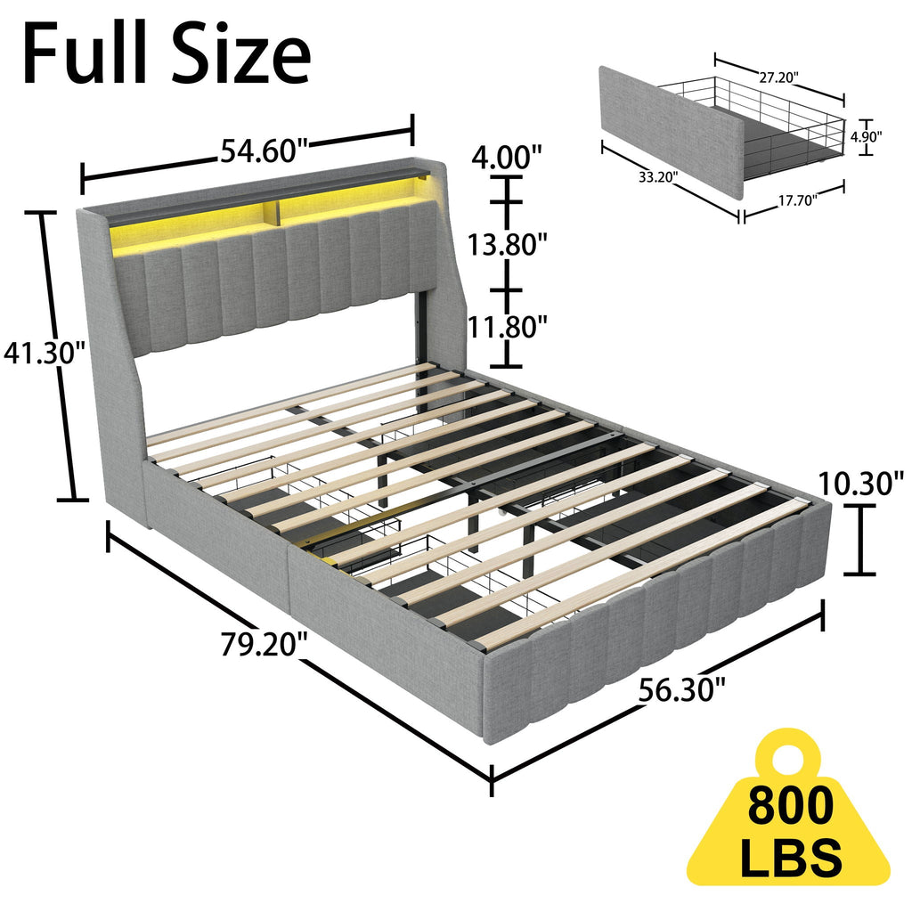 Bed With LED Lights, 4 Drawers, Winged Headboard Upholstered