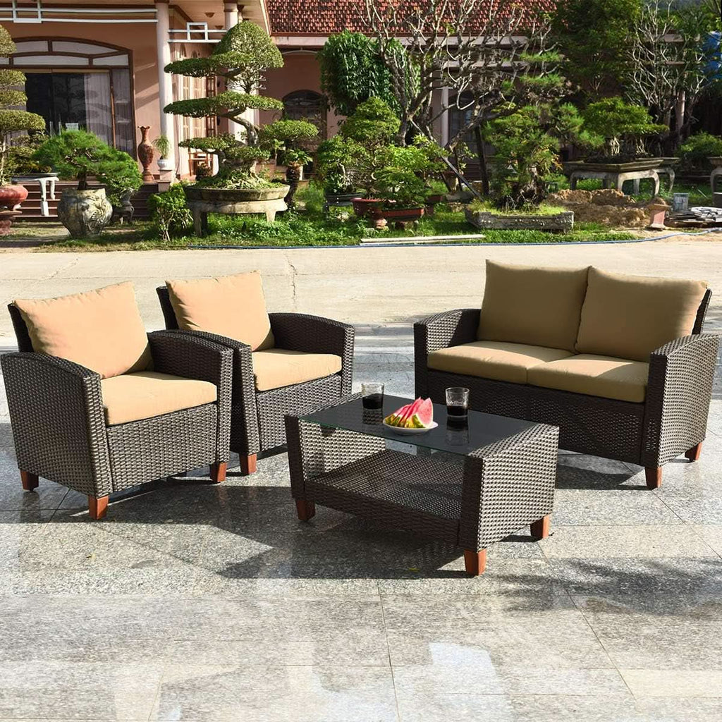 Patio Rattan Furniture Set 4 Piece Beige For Outdoor Use