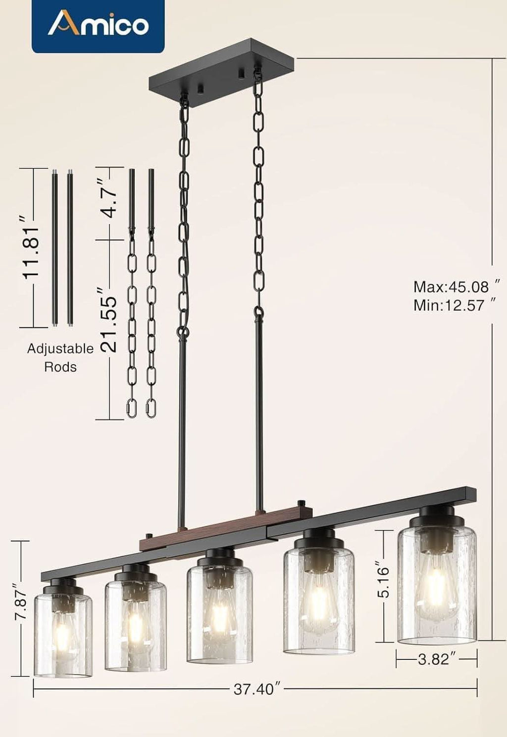 Five Lights Farmhouse Dining Room Chandelier Black Metal