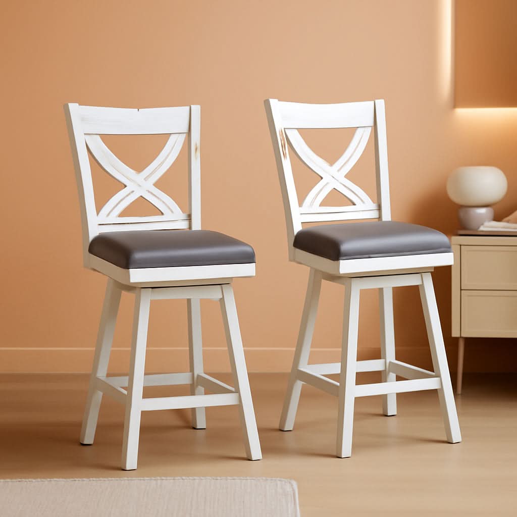 24 Inch Counter Height Bar Stools With 360 Degree Swivel And Grey Faux Leather Seat