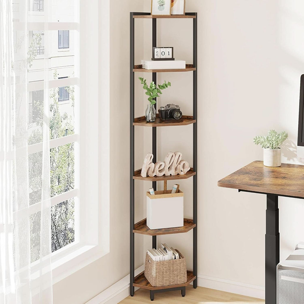 6-Tier Rustic Brown Corner Shelf Stand For Living Room