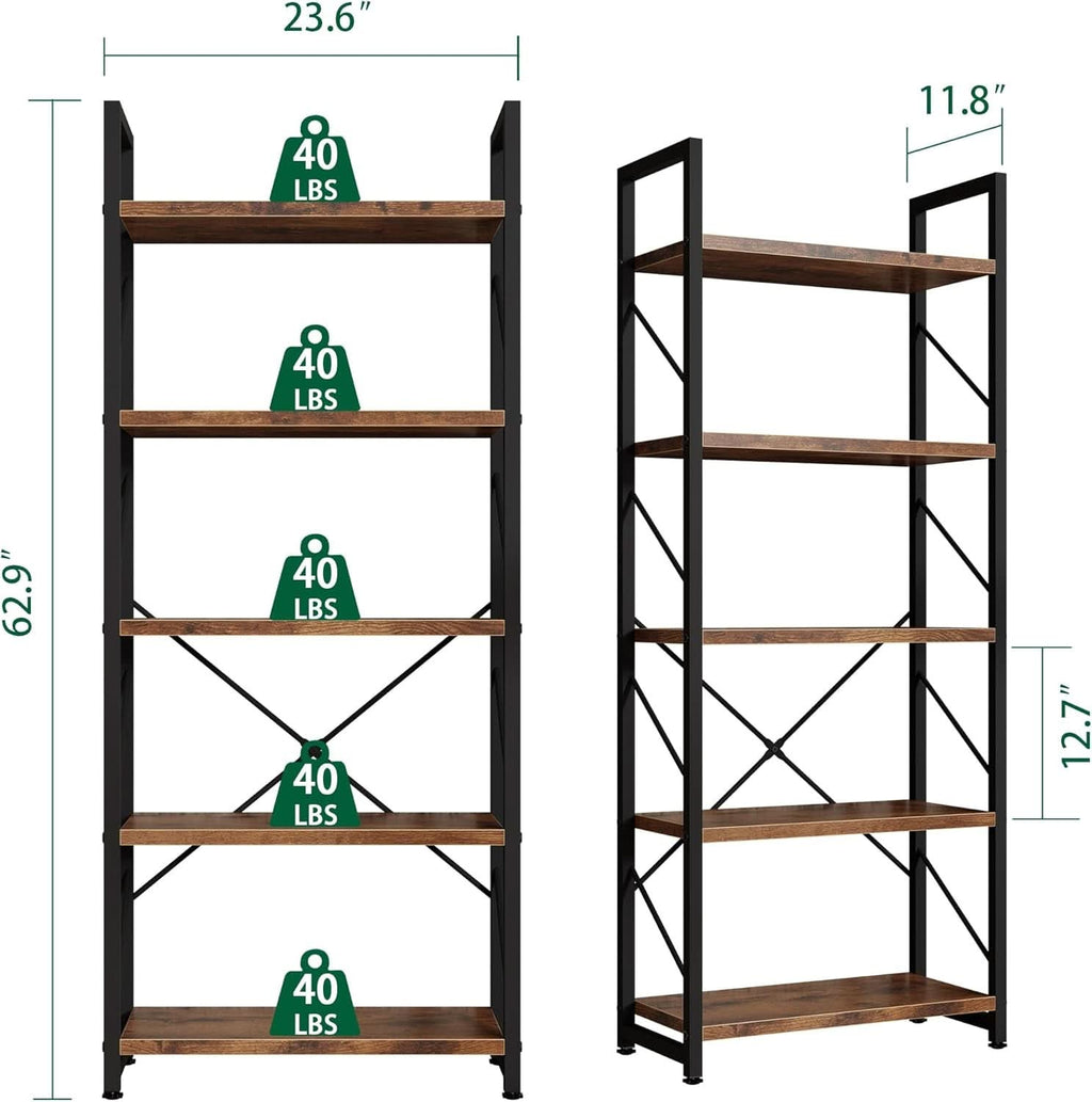 5 Tier Bookshelf Rustic Brown Tall Bookcase For Home Office