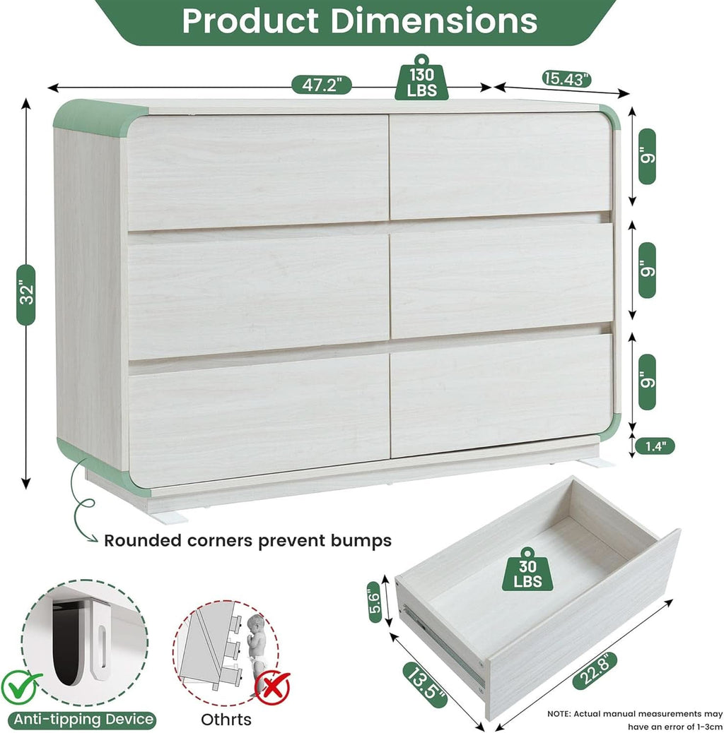 47 Inch White Dresser With Six Drawers Anti Tip Design