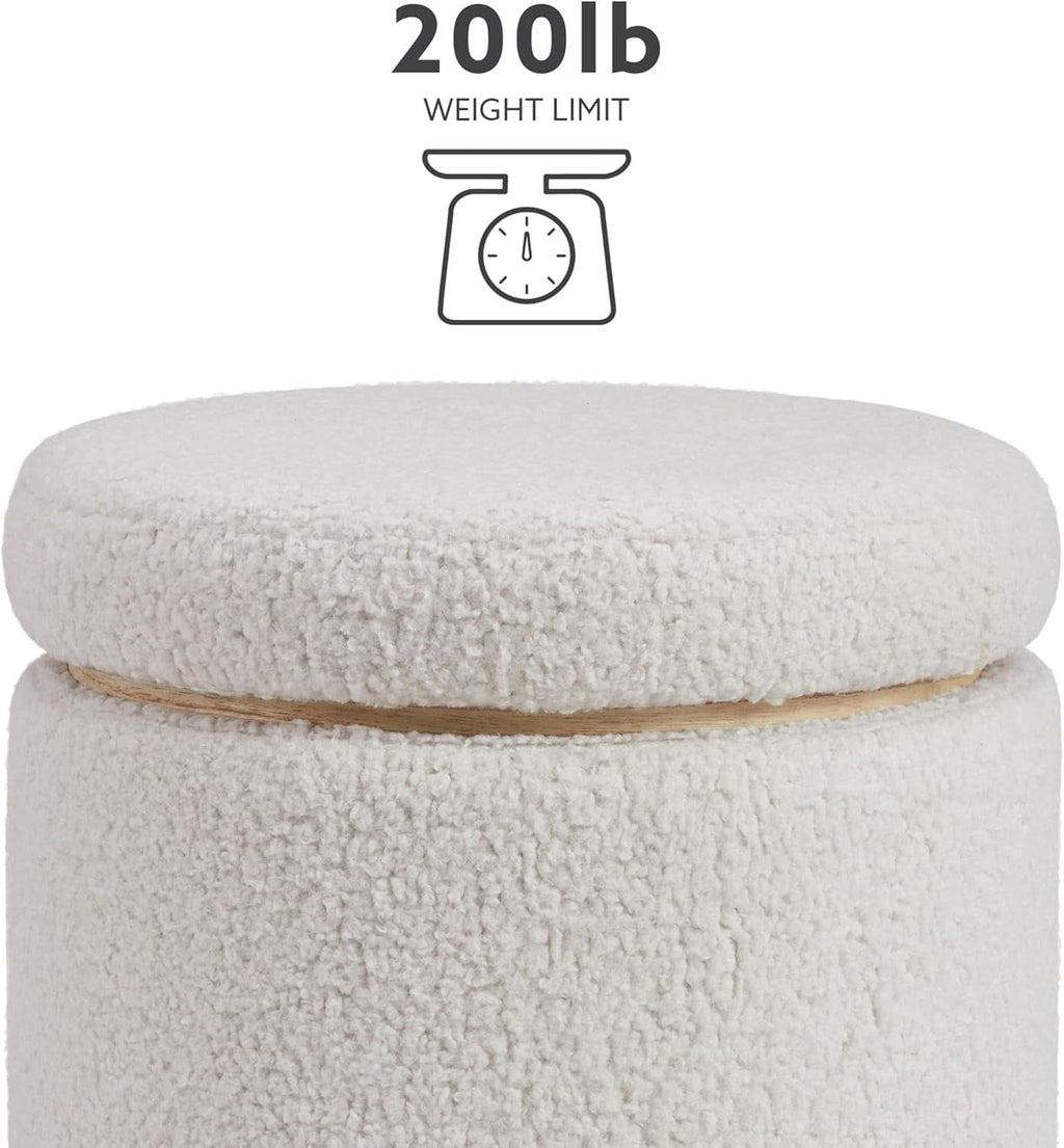 Cream Sherpa Deluxe Storage Ottoman Solidwood Base