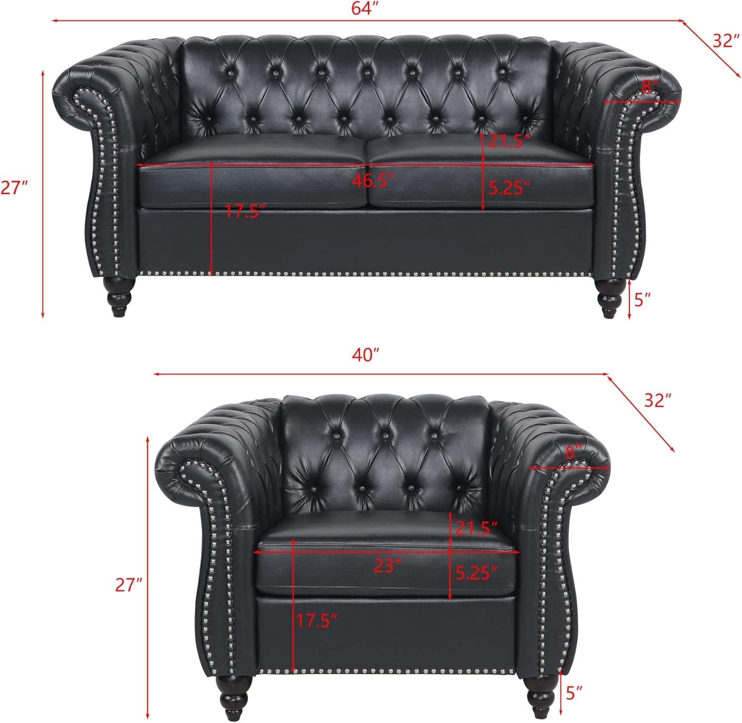 2 Piece Living Room Sofa Set Black Faux Leather Club Chair And Chesterfield Loveseat