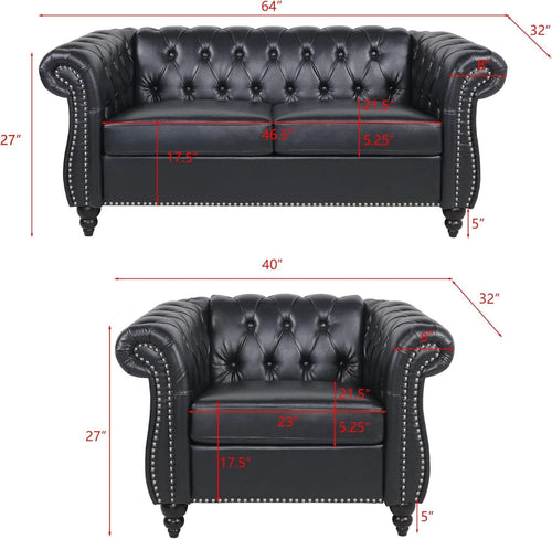 2 Piece Living Room Sofa Set Black Faux Leather Club Chair And Chesterfield Loveseat