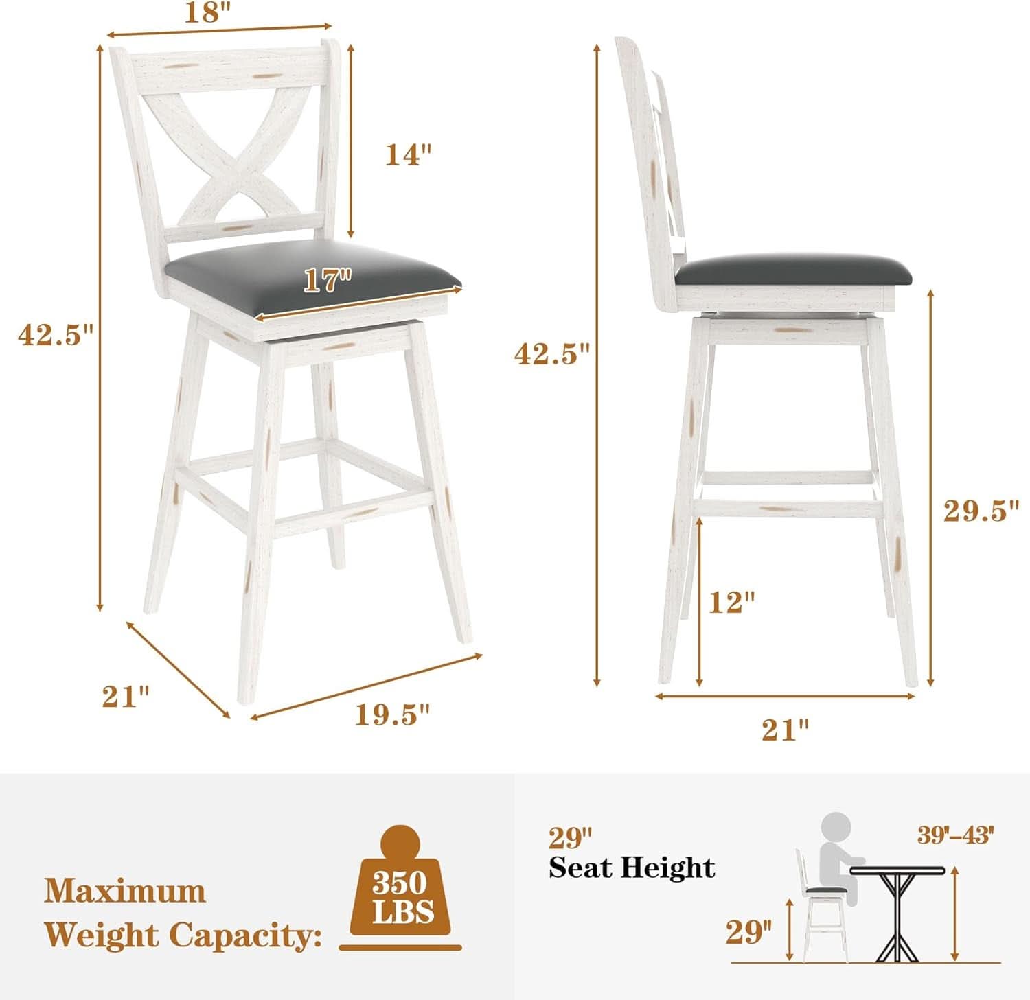 29 Inch Swivel Bar Stool With Grey Faux Leather Upholstery Antique White Wood Frame And Solid Wood Footrest Set Of 2