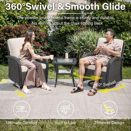 3 Piece Black Wicker Patio Furniture Set With Swivel Rocker Chairs And Side Table Beige Cushions