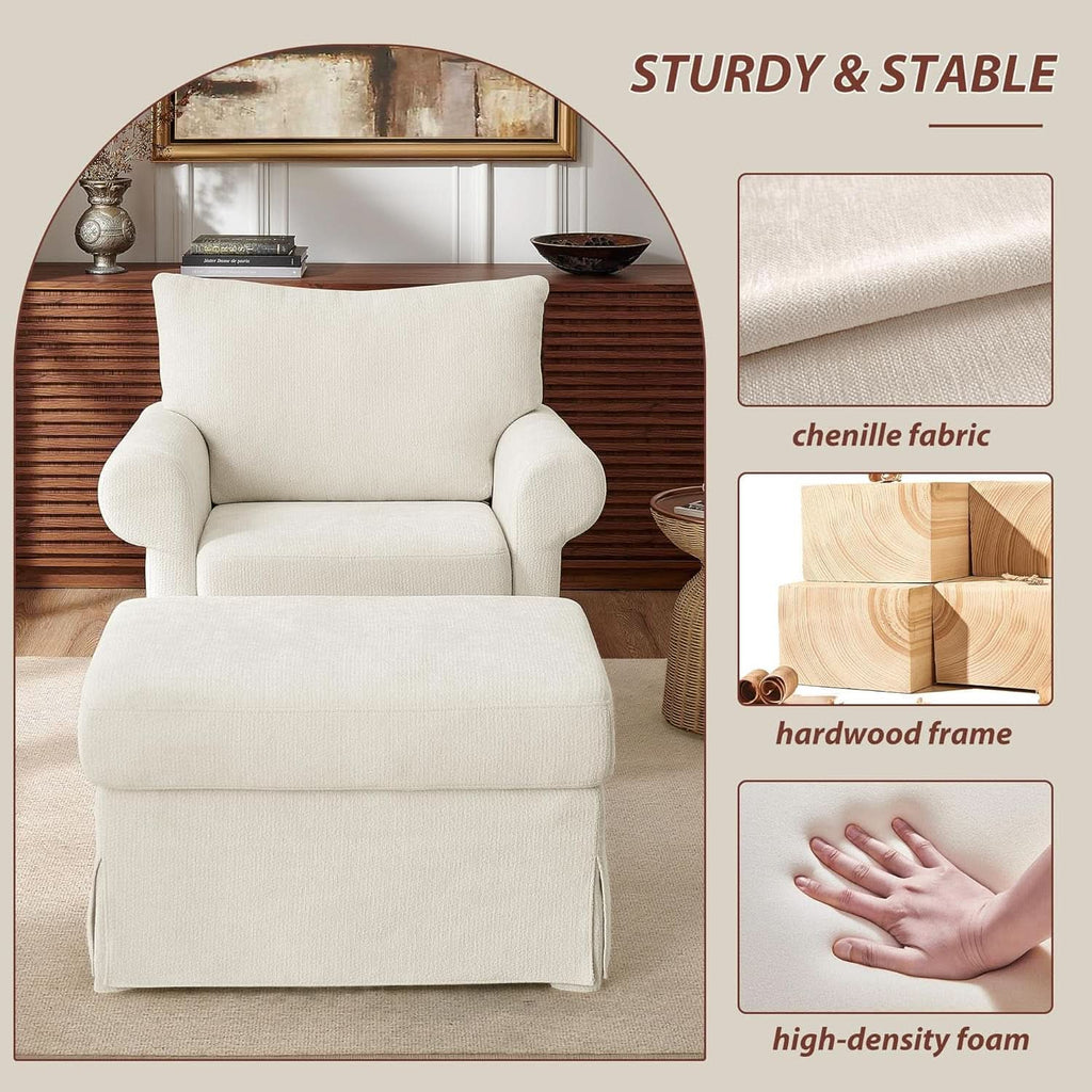 Beige Chenille Contemporary Ottoman Reading Chair Set