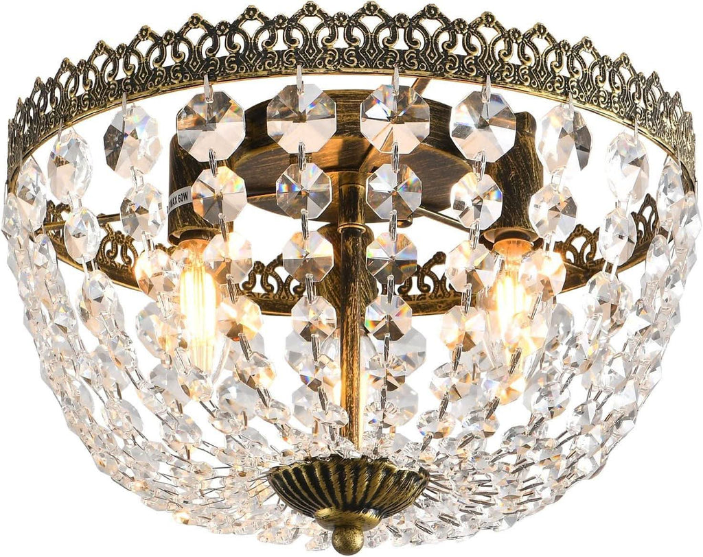 Three Light French Empire Crystal Chandelier Antique Bronze Dimmable Flush Mount