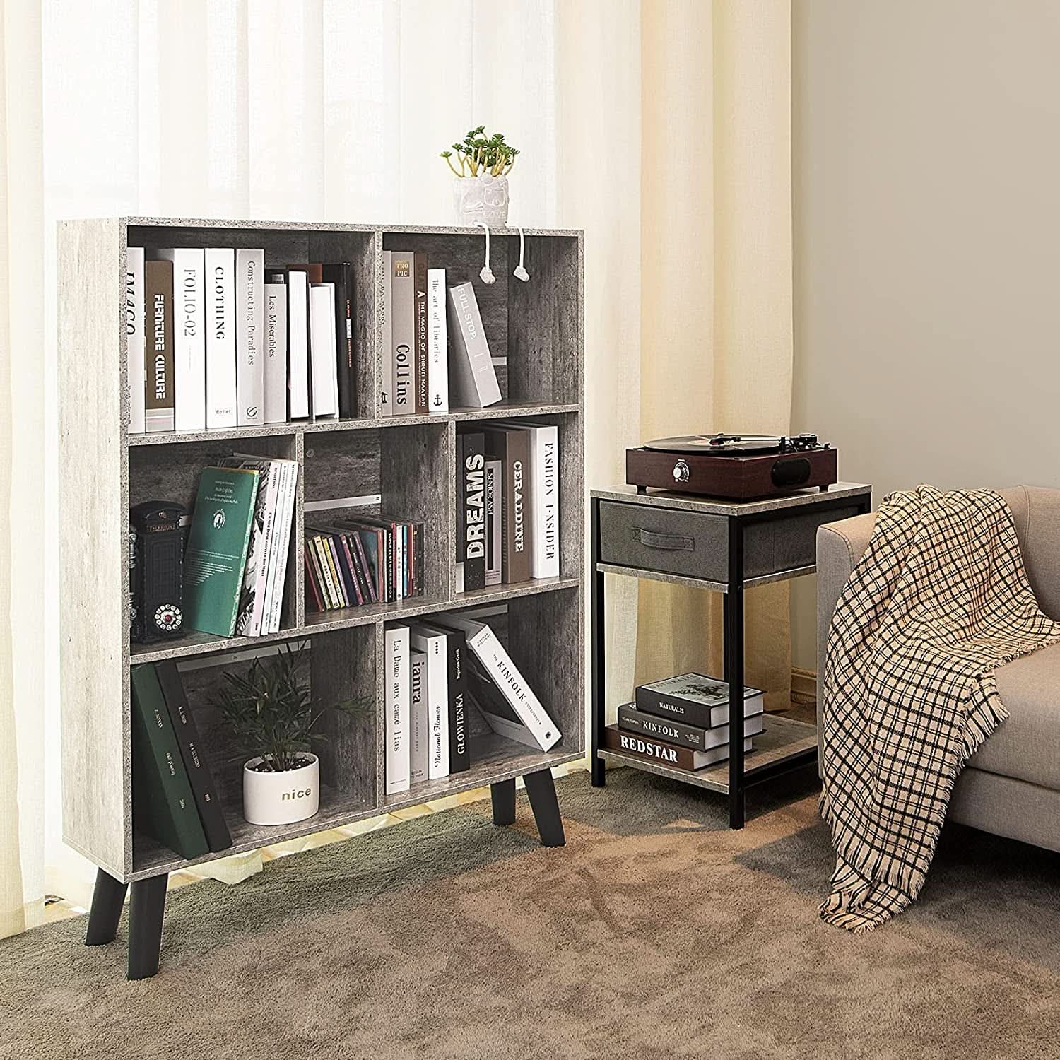 Three Tier Grey Bookshelf For Small Spaces With Crisscross