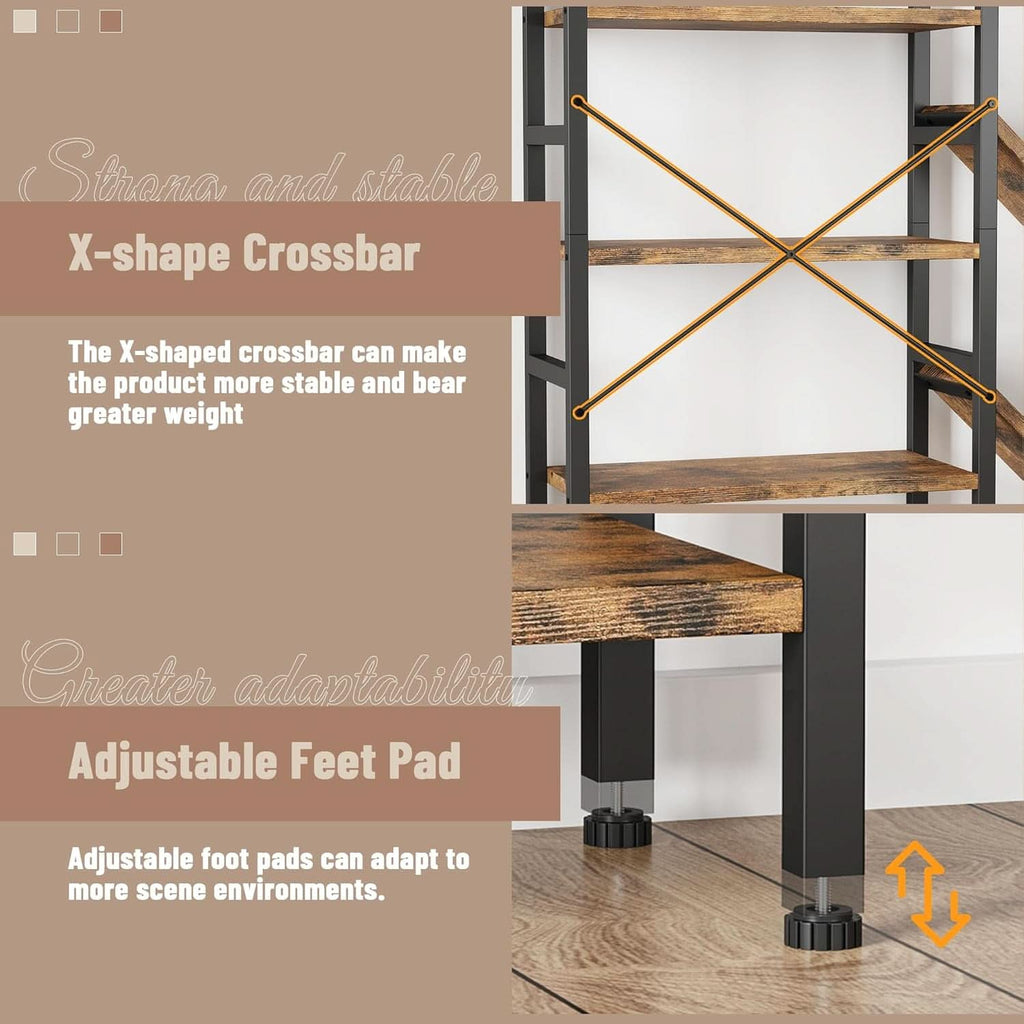 Rustic Brown 5 Tier Wooden Bookcase With Metal Frame