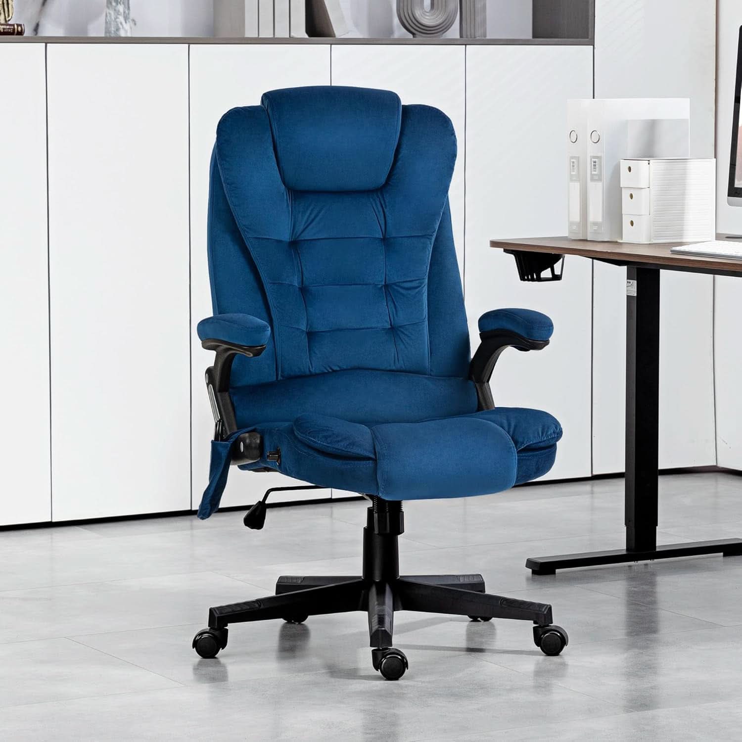Dark Blue Velvet Massage Office Chair With Heat And Recline
