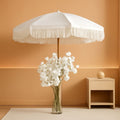 7Ft Fringe Tassel Patio Umbrella White Cream UPF50 Tilt Push Button