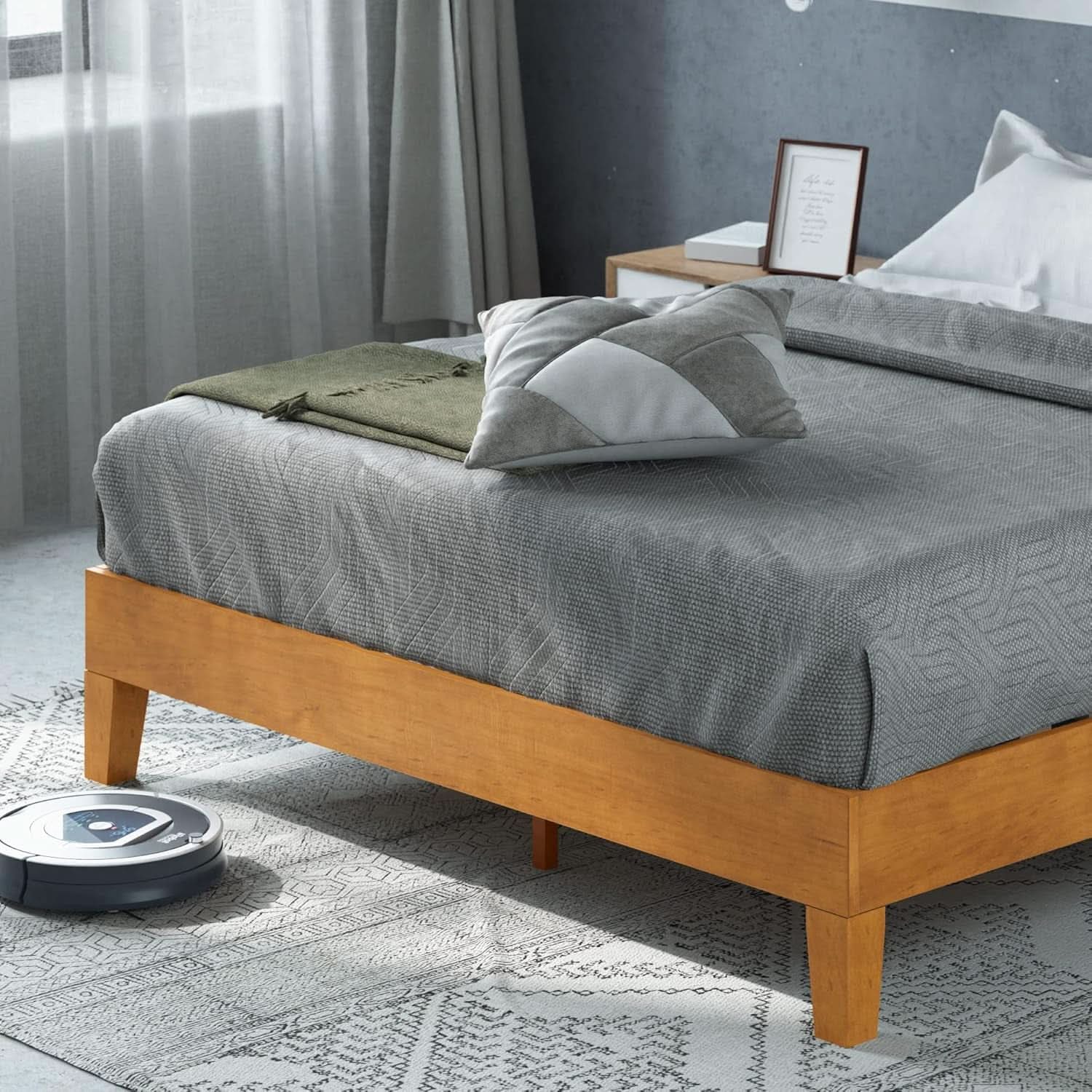 Queen Rustic Pine Solid Wood Platform Bed Frame With Slats
