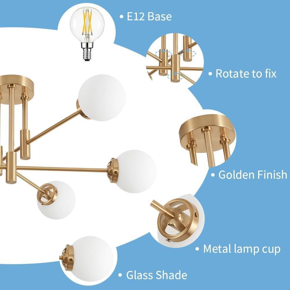 Gold Sputnik Chandelier Glass Globe Shade Modern Light