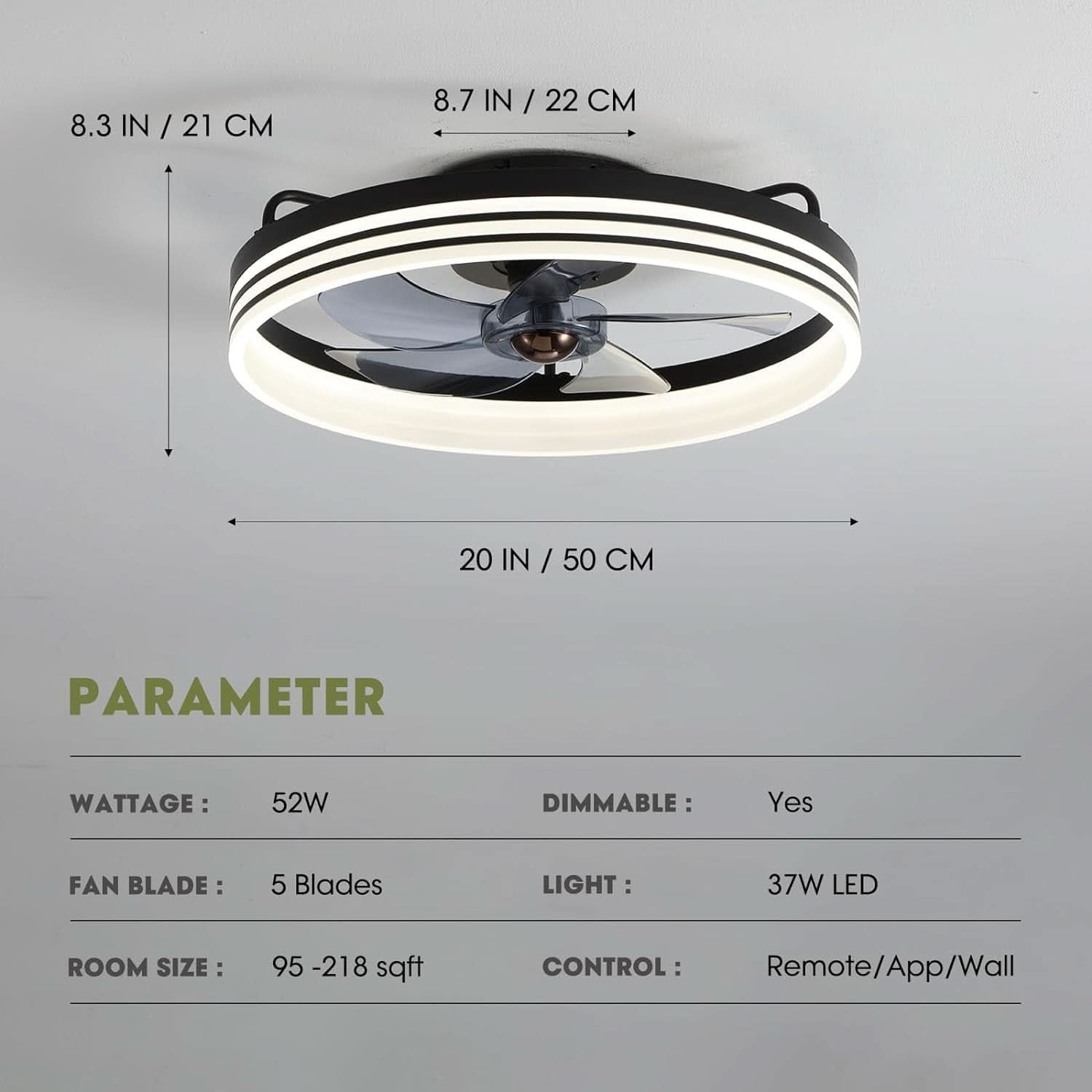 20 Inch Black Flush Mount Ceiling Fan With Lights And Remote