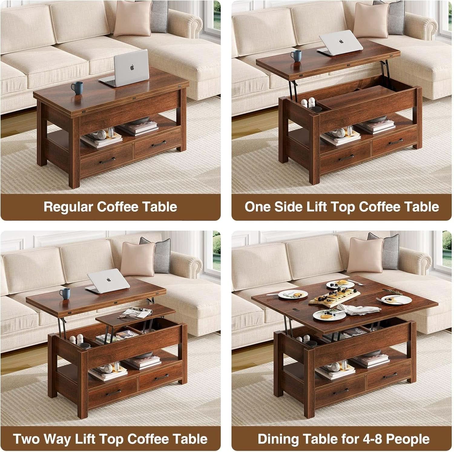 Espresso Lift Top Coffee Table With Drawers And Hidden Compartment