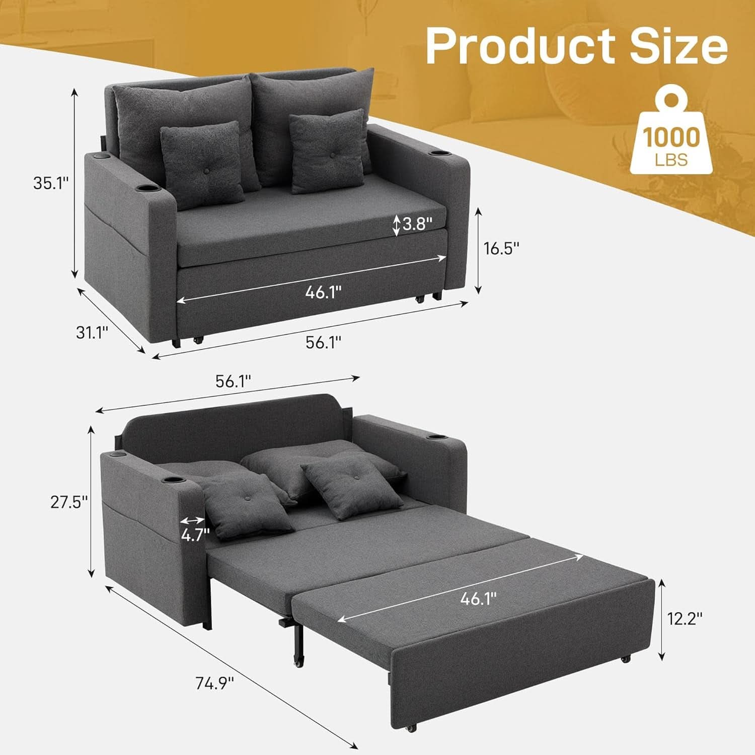 3 in 1 Convertible Sofa Bed with Storage and USB