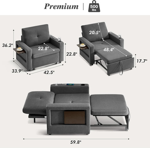 3 In 1 Sleeper Sofa Chair Bed With USB Ports