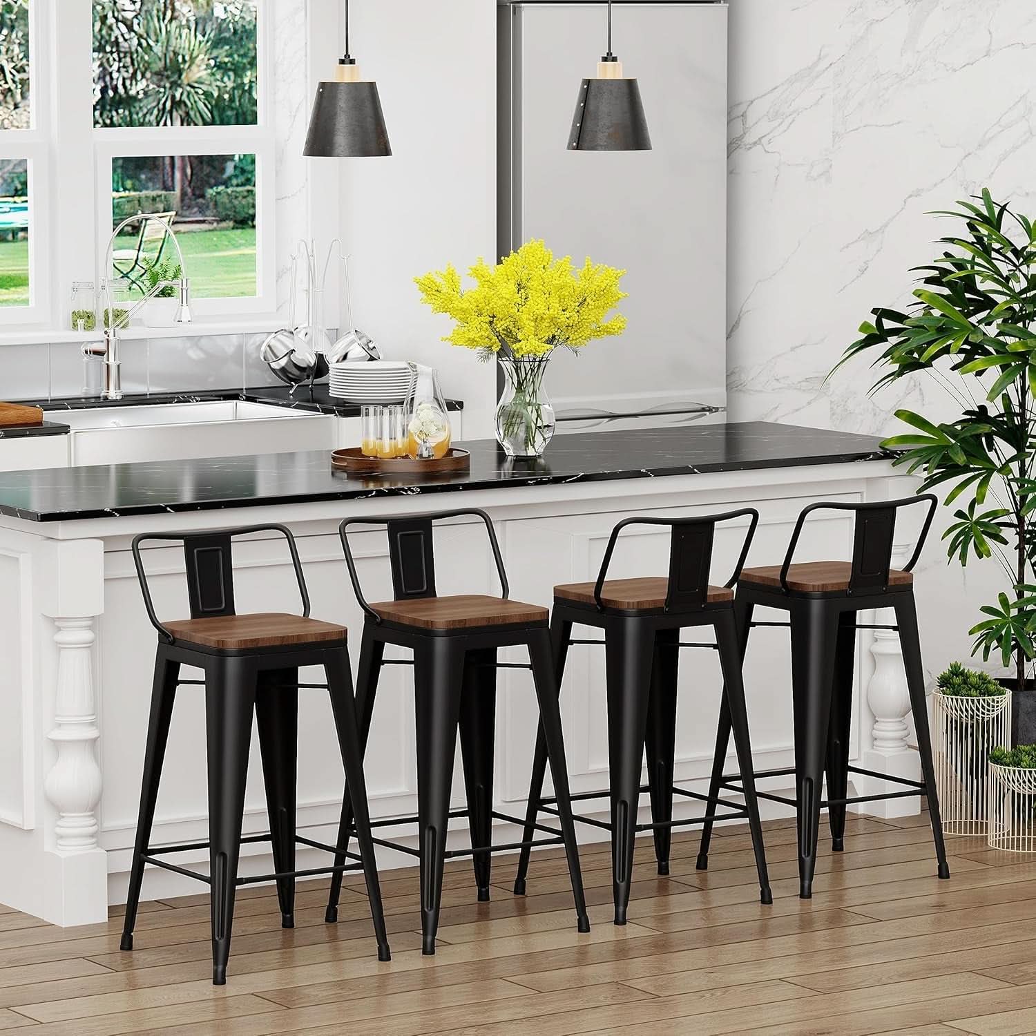 30 Inch Bar Stools Set Of 4 Matte Black Wood Seat With Back