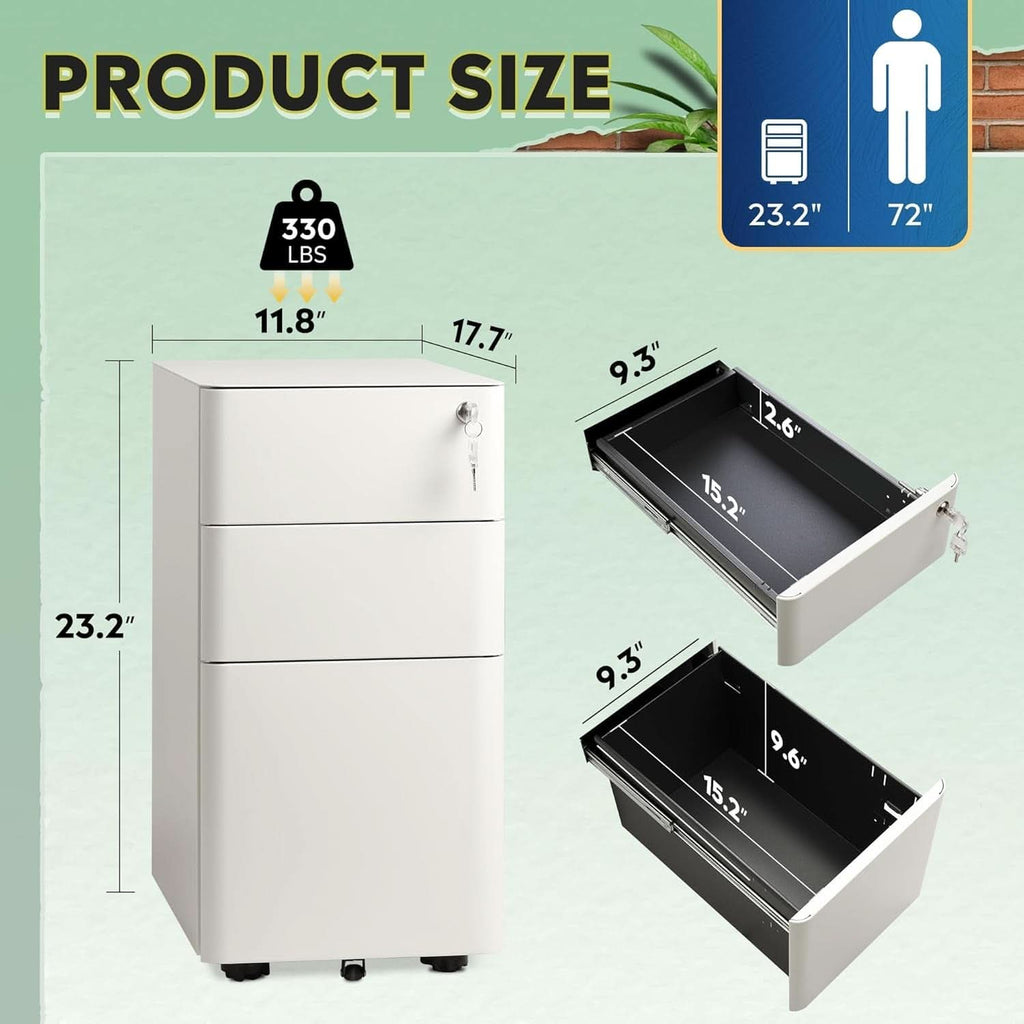 White 3 Drawer Slim File Cabinet For Office Lockable