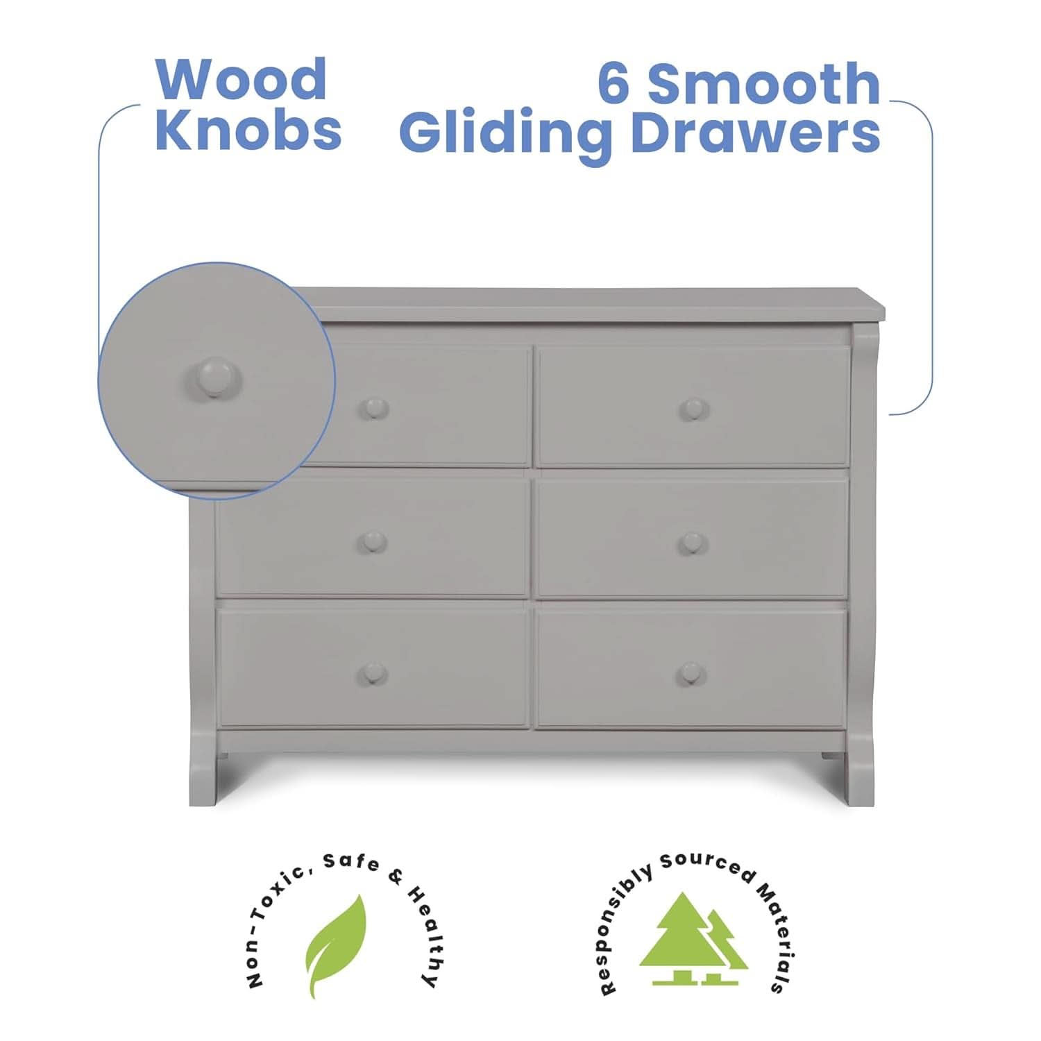Six Drawer Dresser In Grey With Interlocking Drawers