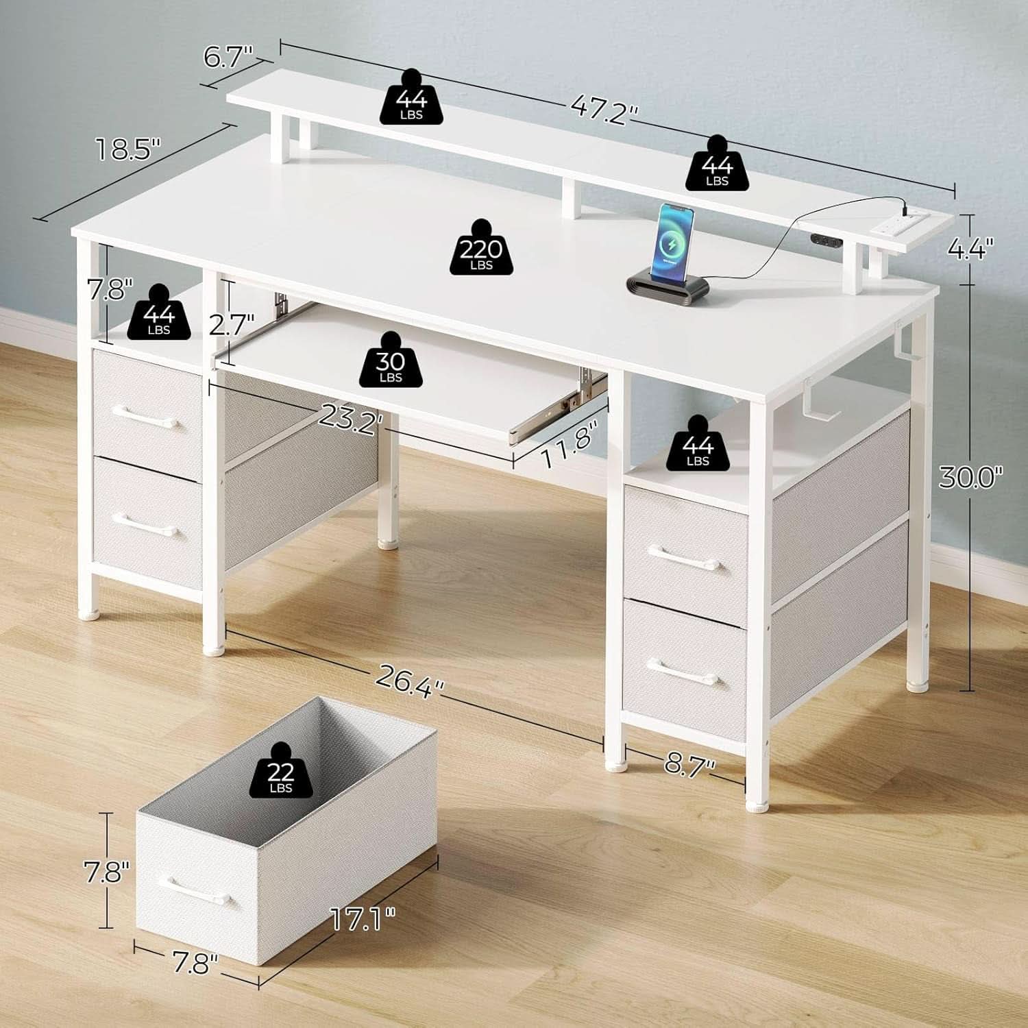 47.2 Inch White LED Desk With Power Outlets And Drawers