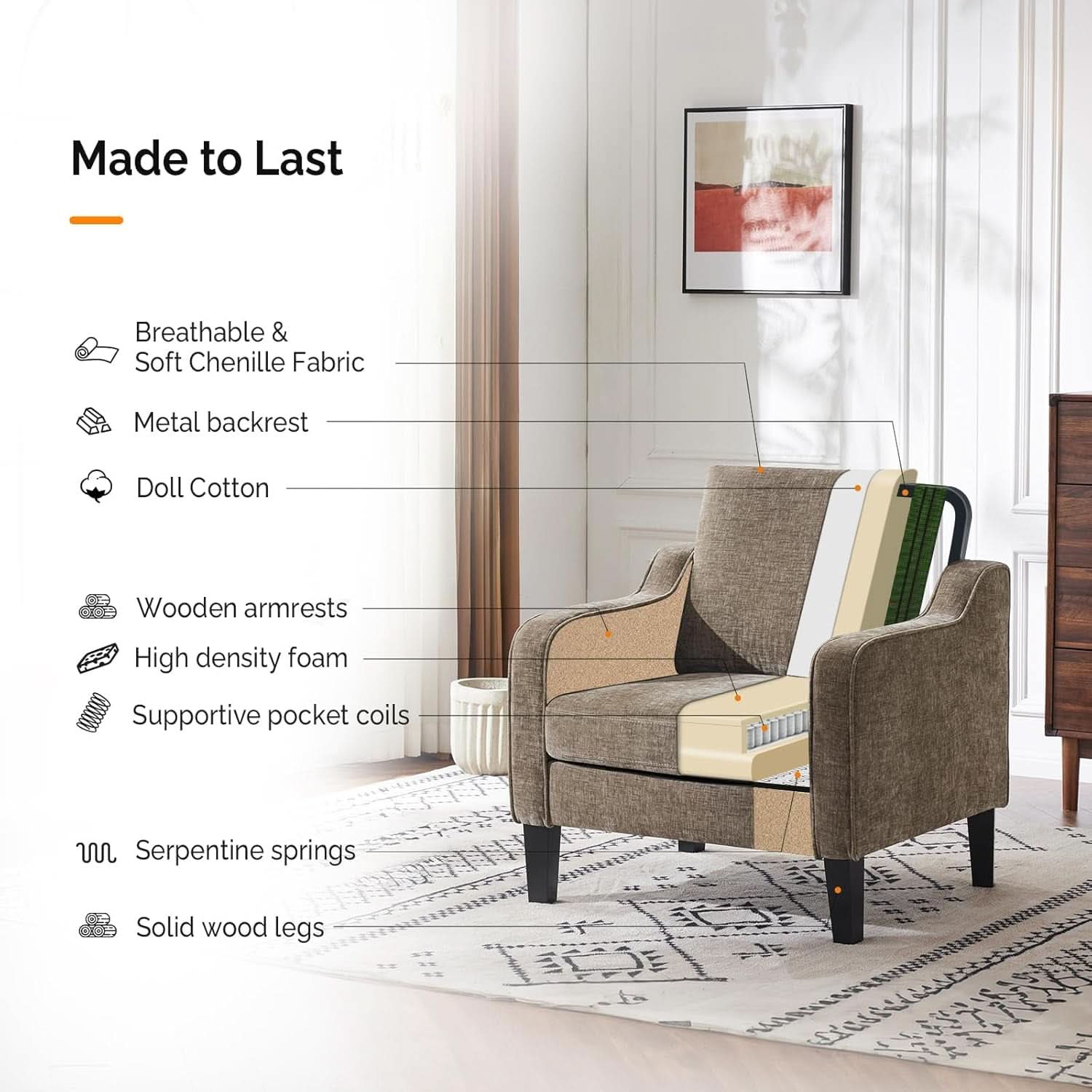 Light Brown Upholstered Midcentury Living Room Armchair