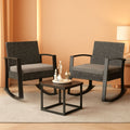 3 Piece Rattan Rocking Bistro Set With Coffee Table Outdoor Patio Furniture Grey Cushions