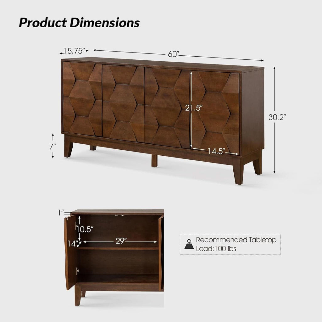 Walnut Mid Century Sideboard Buffet With Solid Wood Legs