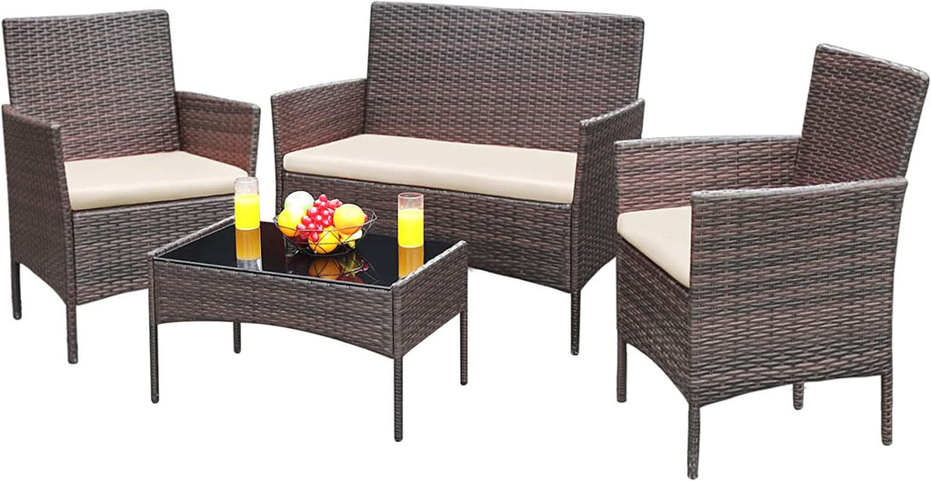 4 Piece Wicker Patio Set With Glass Table Beige Cushions