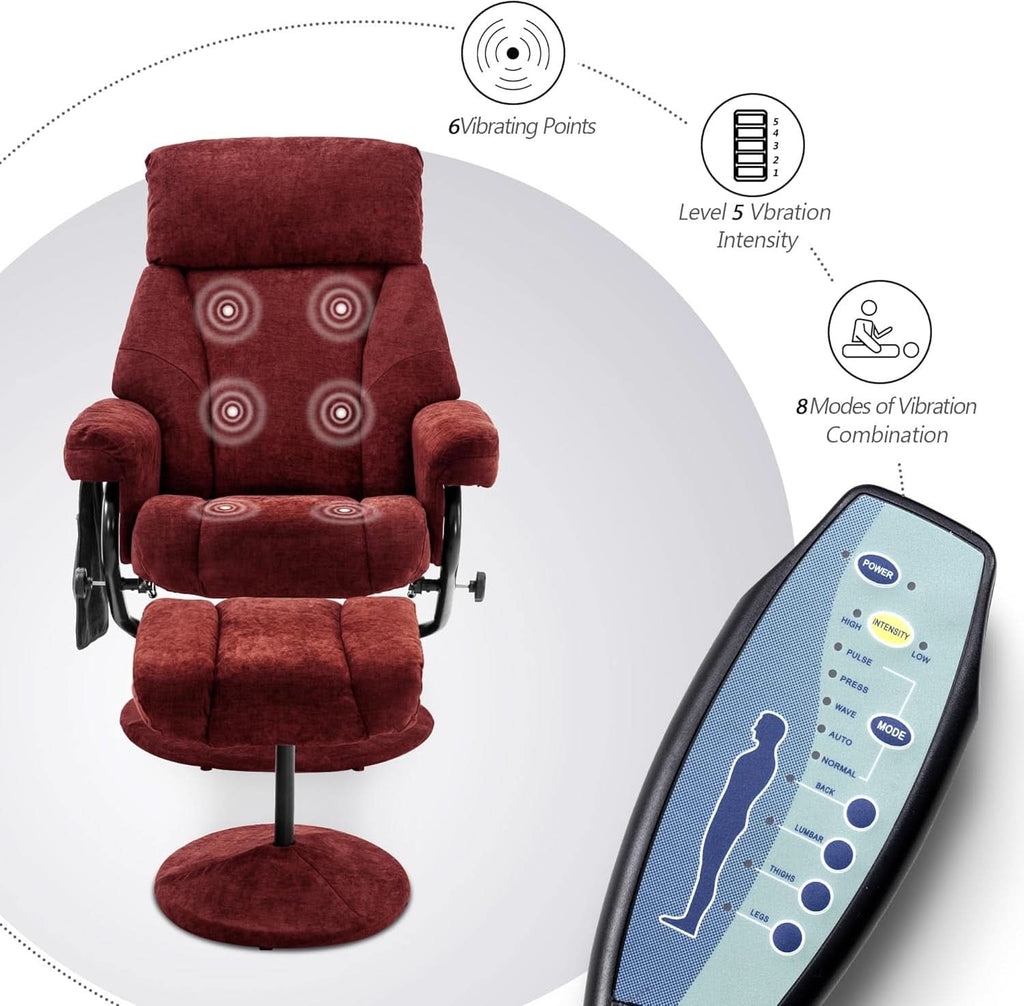 Burgundy Swivel Recliner With Ottoman Massage For RV