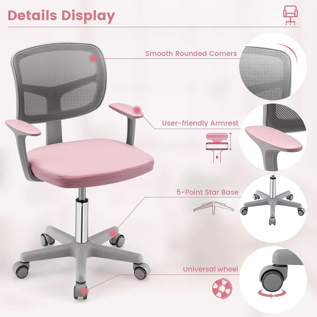 Kids Desk Chair Pink Height Adjustable Lumbar Support
