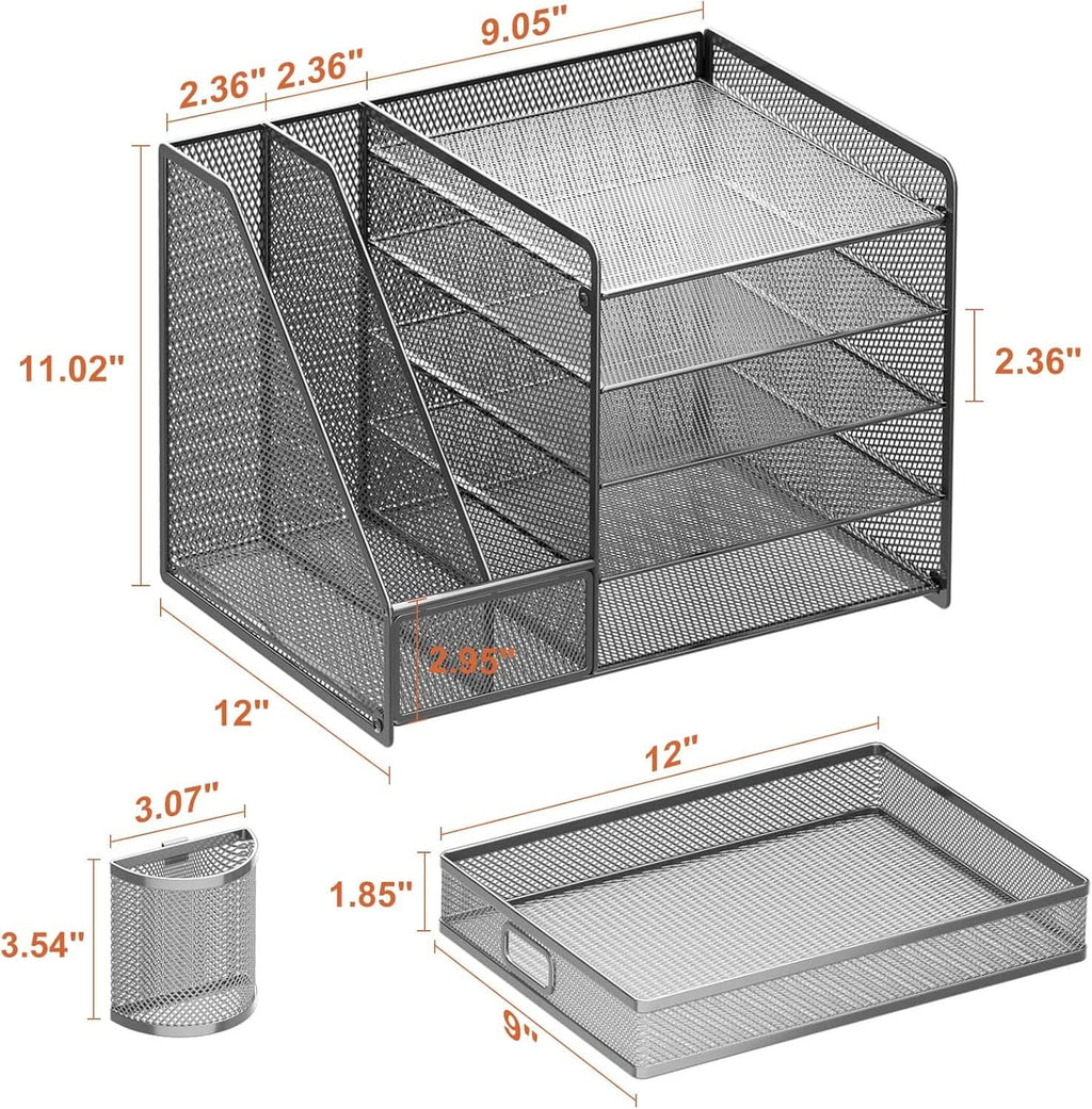 Grey 5 Tier Mesh Desk Organizer With Drawer And File Trays
