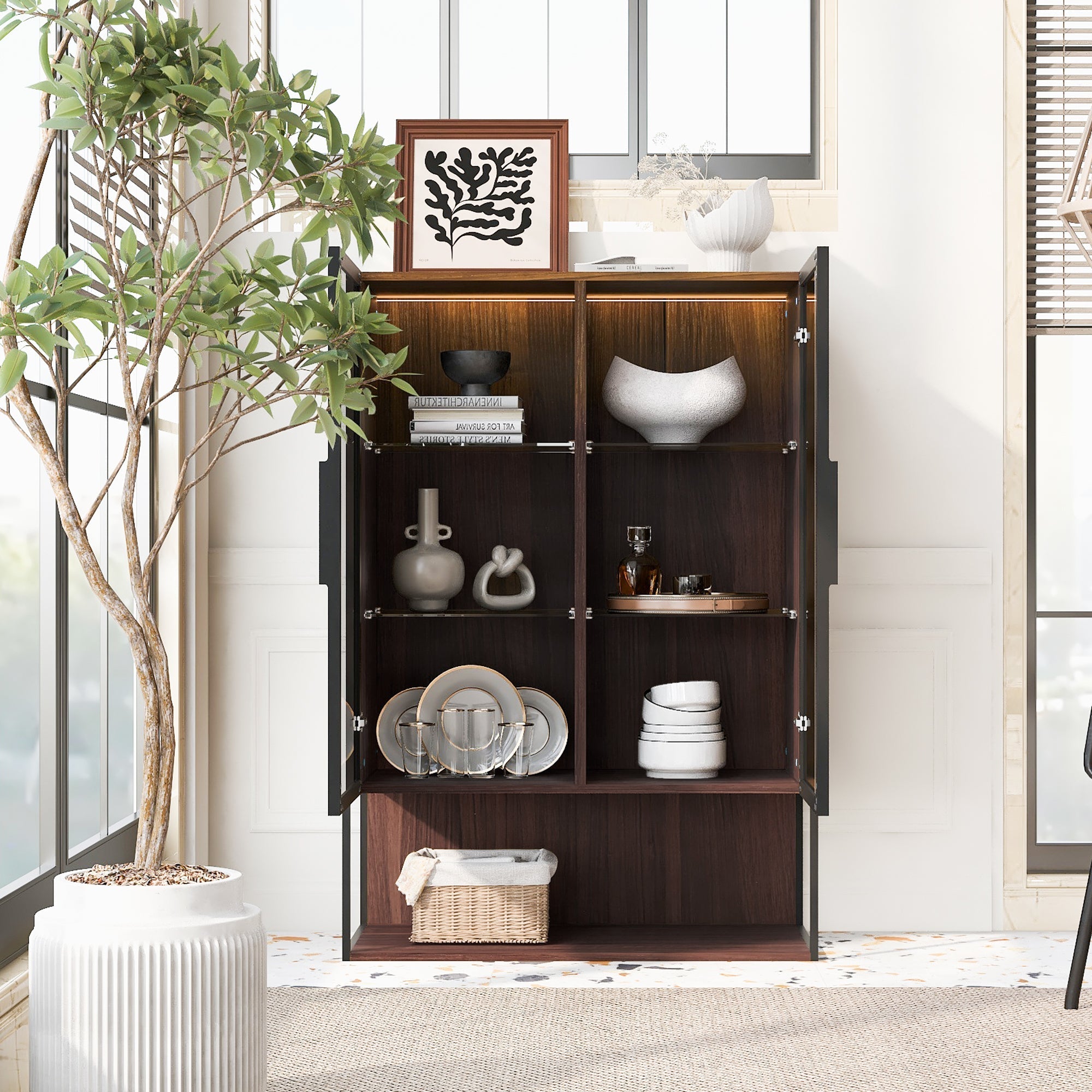 Modern Minimalist 51.2" Tall Lighted Display Cabinet with Tempered Glass