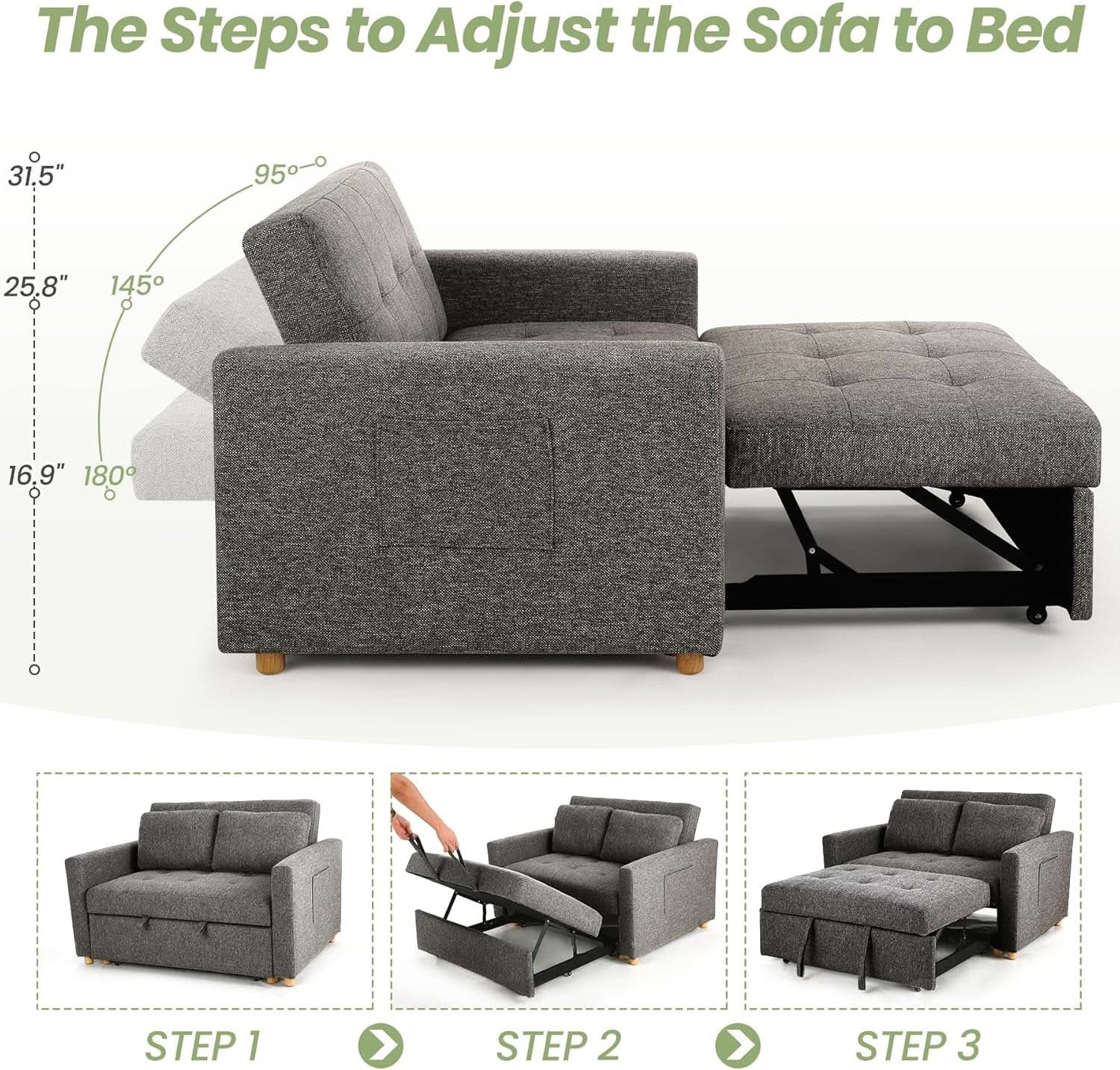 Sleeper Sofa Bed, 3-In-1 Convertible Sofa Chair, Linen Fabric Pull Out Couch Bed, Loveseat Sleeper with Spring Support, Adjustable Backrest, 2 Seater Recliner Chair for Small Space, Dark Grey