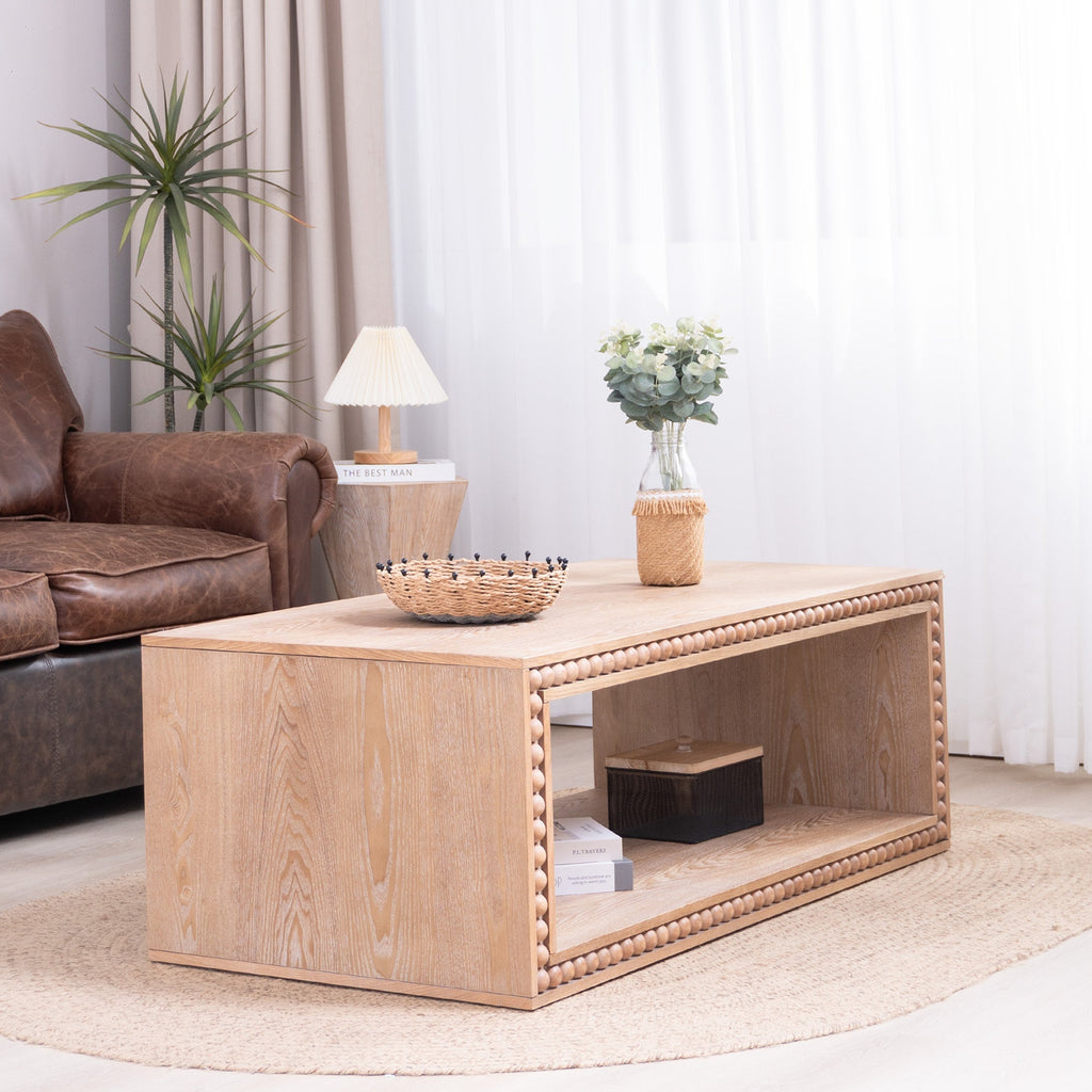 Rustic Beaded Edge Coffee Table – 47.6" Rectangular Center Table with Open Storage Shelf