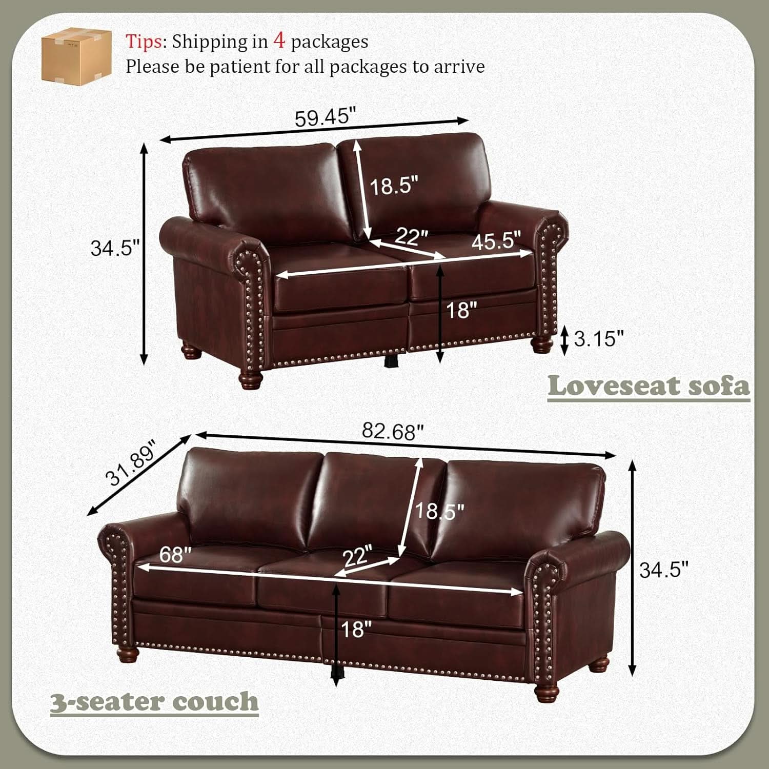 Two Piece Upholstered PU Leather Sofa Set With Hidden Storage Red Brown Mid Century Modern Living Room Furniture