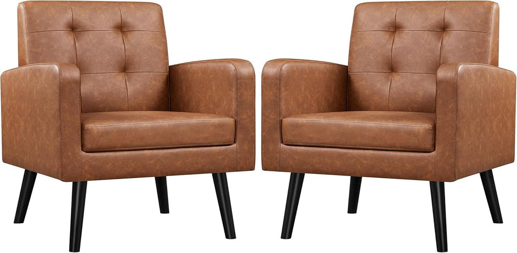 Brown PU Leather Midcentury Upholstered Ergonomic Armchair