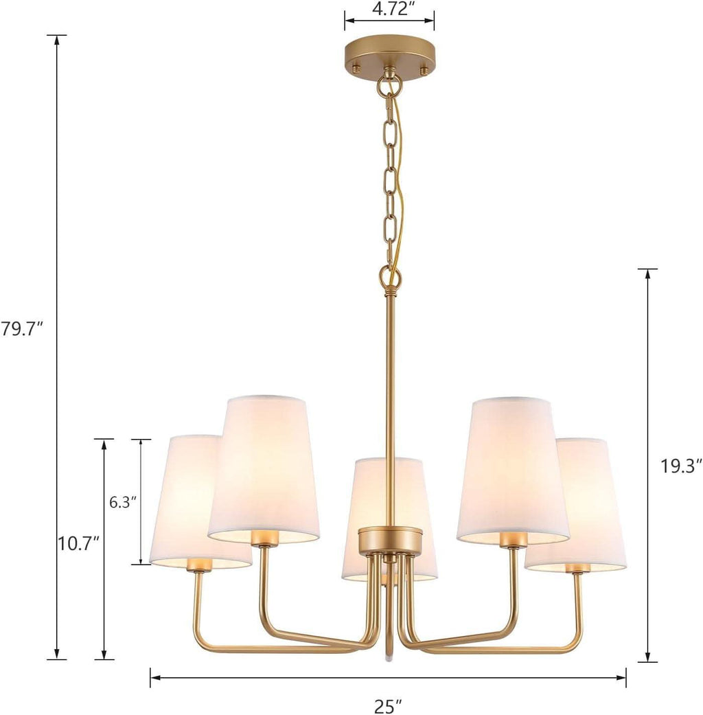 Five Light Gilded Farmhouse Chandelier With White Shades