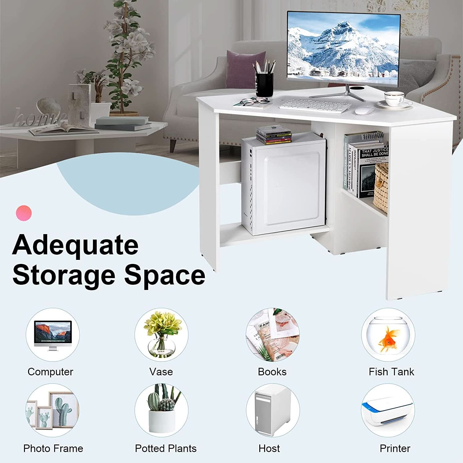 Compact White Corner Desk With Storage Shelves For Home Office