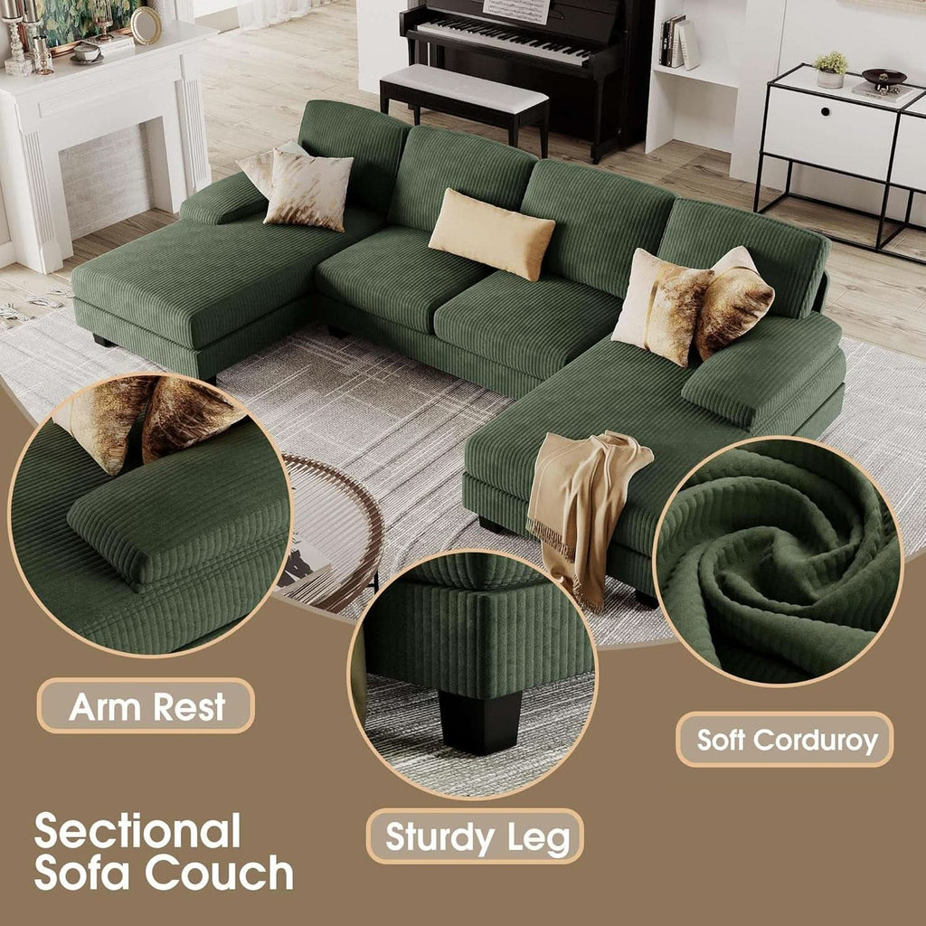 Dark Green Corduroy U Shaped Sectional Sofa 4 Seat Chaise