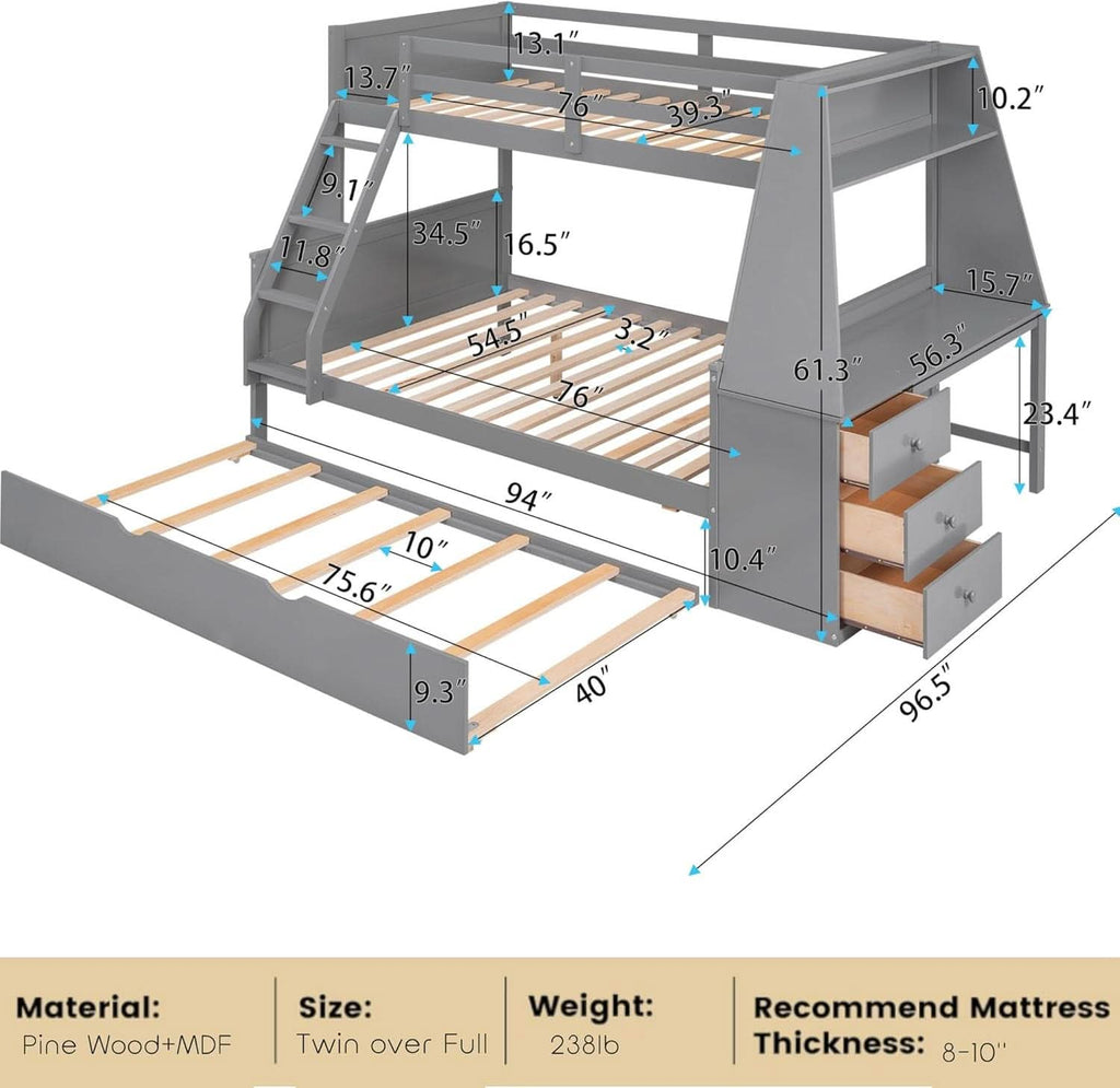 Gray Twin Over Full Bunk Bed With Trundle And Desk